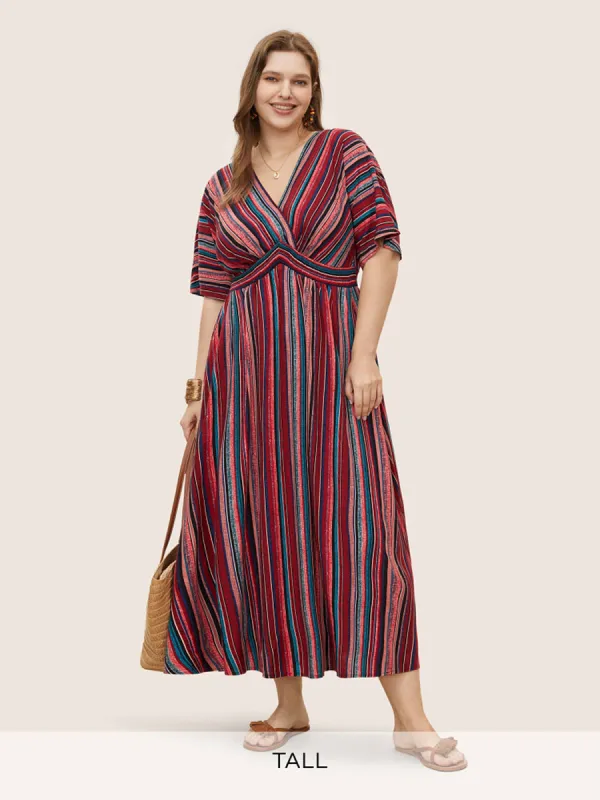 Striped Contrast Dolman Sleeve Shirred Pocket Split Flutter Dress sold by Bloomchic