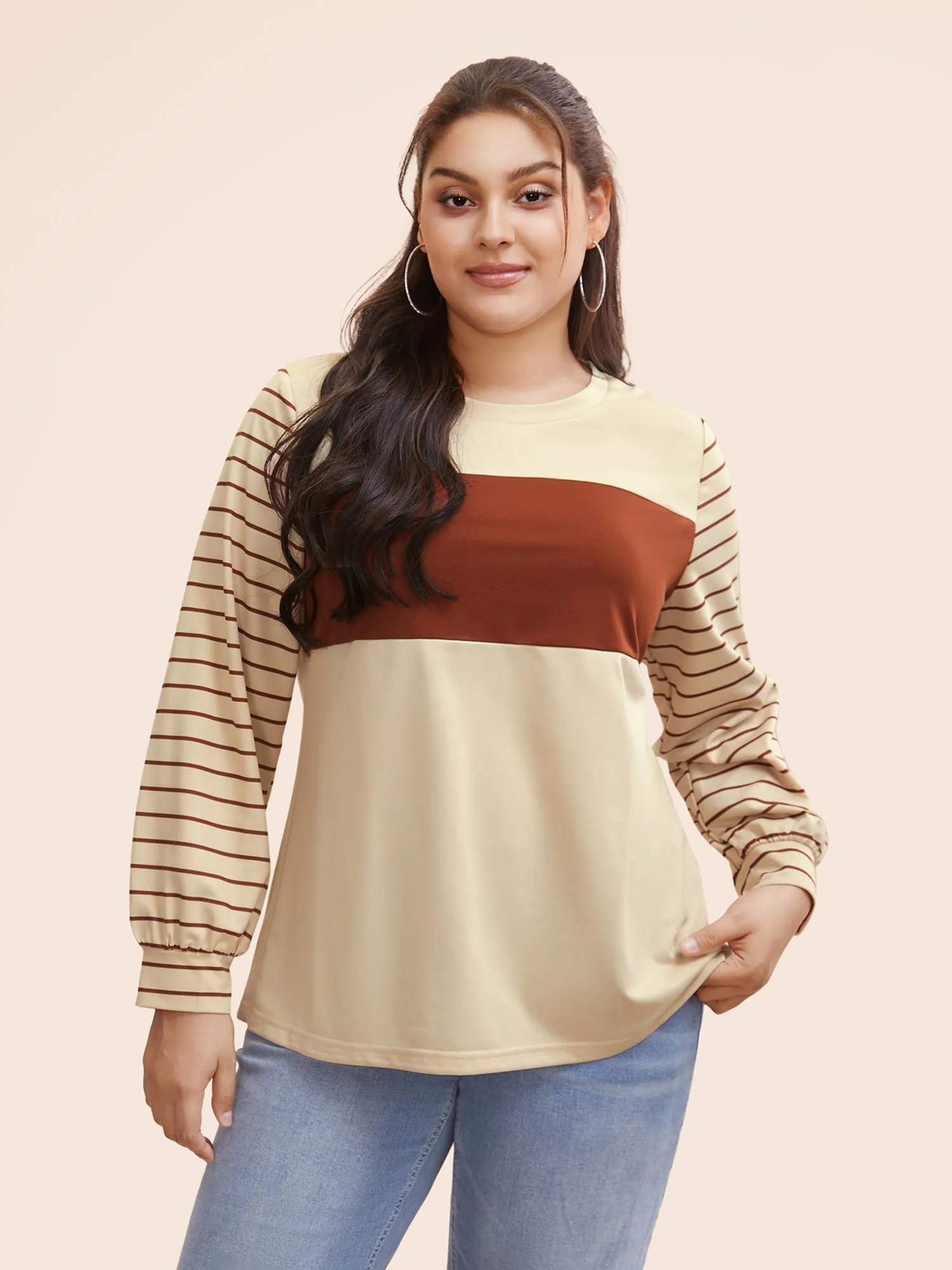 Round Neck Striped Contrast Patchwork Sweatshirt sold by Bloomchic