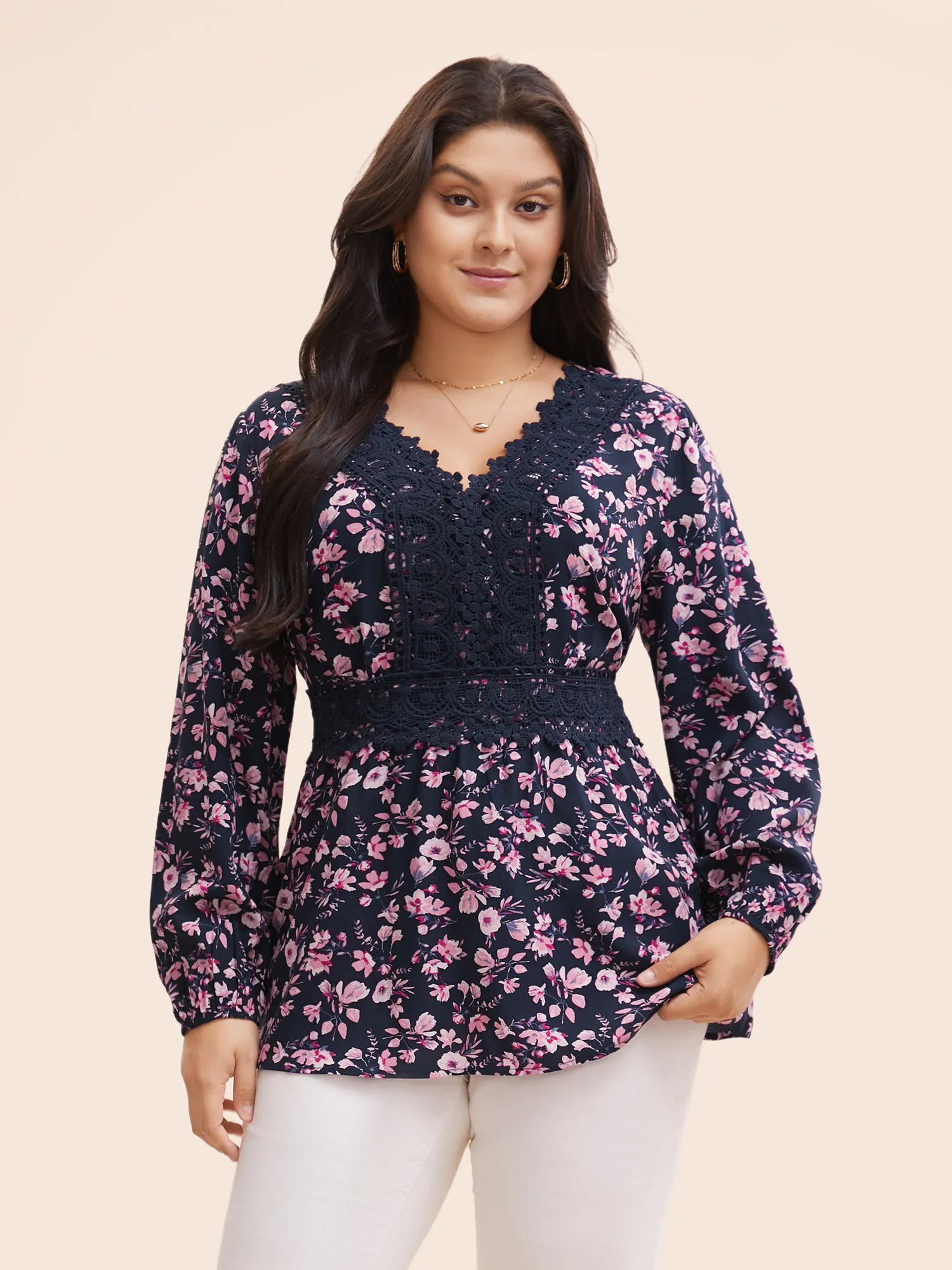 Floral Lace Panel Shirred Lantern Sleeve Blouse sold by Bloomchic product image thumbnail 2