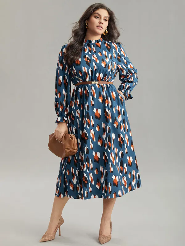 Allover Print Stand Collar Pocket Ruffles Dress sold by Bloomchic