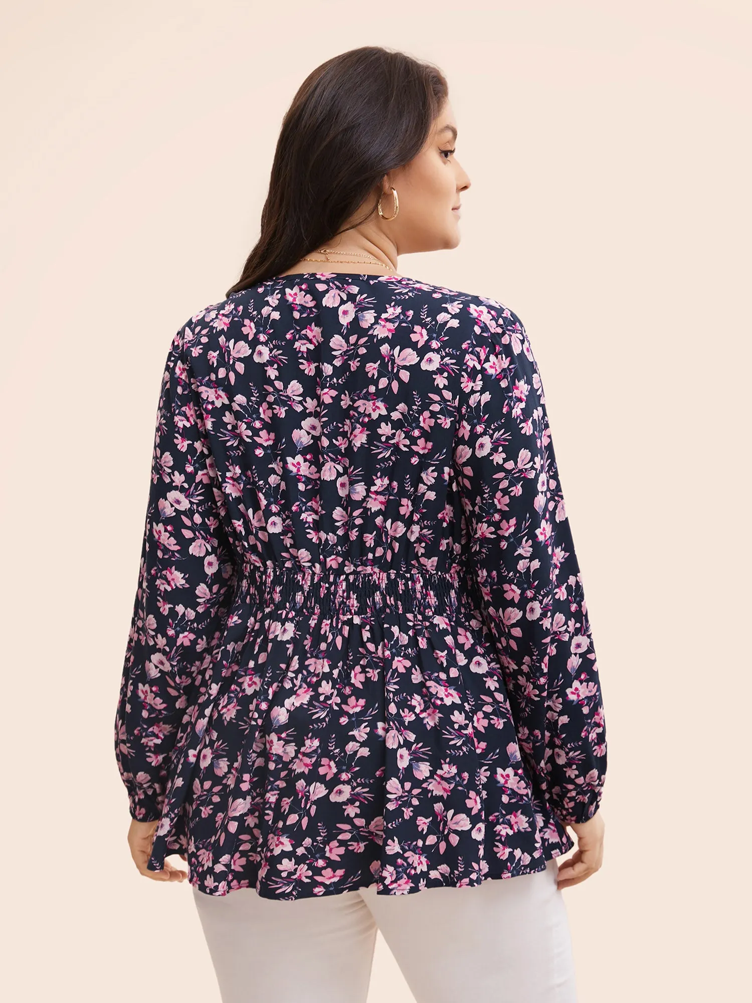 Floral Lace Panel Shirred Lantern Sleeve Blouse sold by Bloomchic product image thumbnail 5