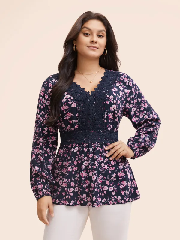Floral Lace Panel Shirred Lantern Sleeve Blouse sold by Bloomchic