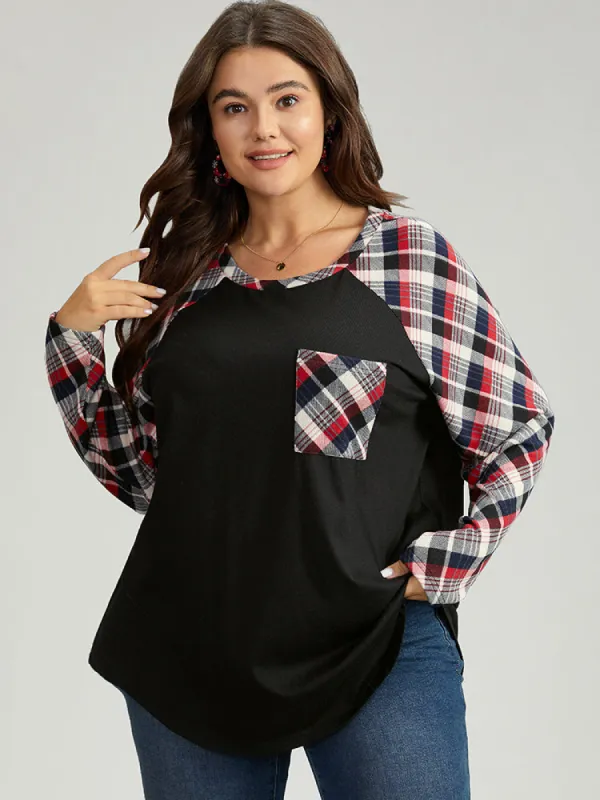 Plaid Patched Pocket Raglan Sleeve T-shirt sold by Bloomchic