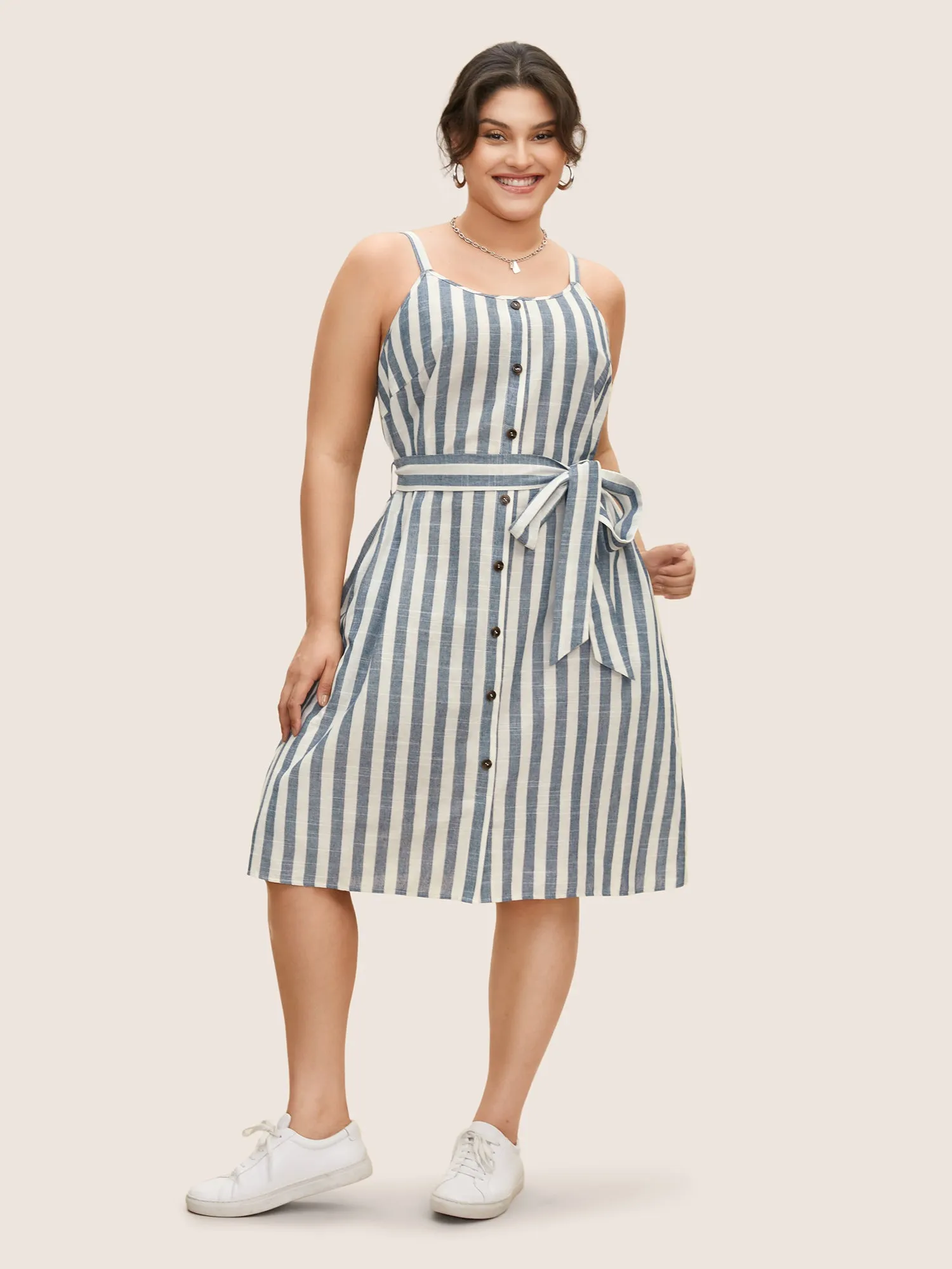 Striped Button Detail Belted Cami Dress sold by Bloomchic
