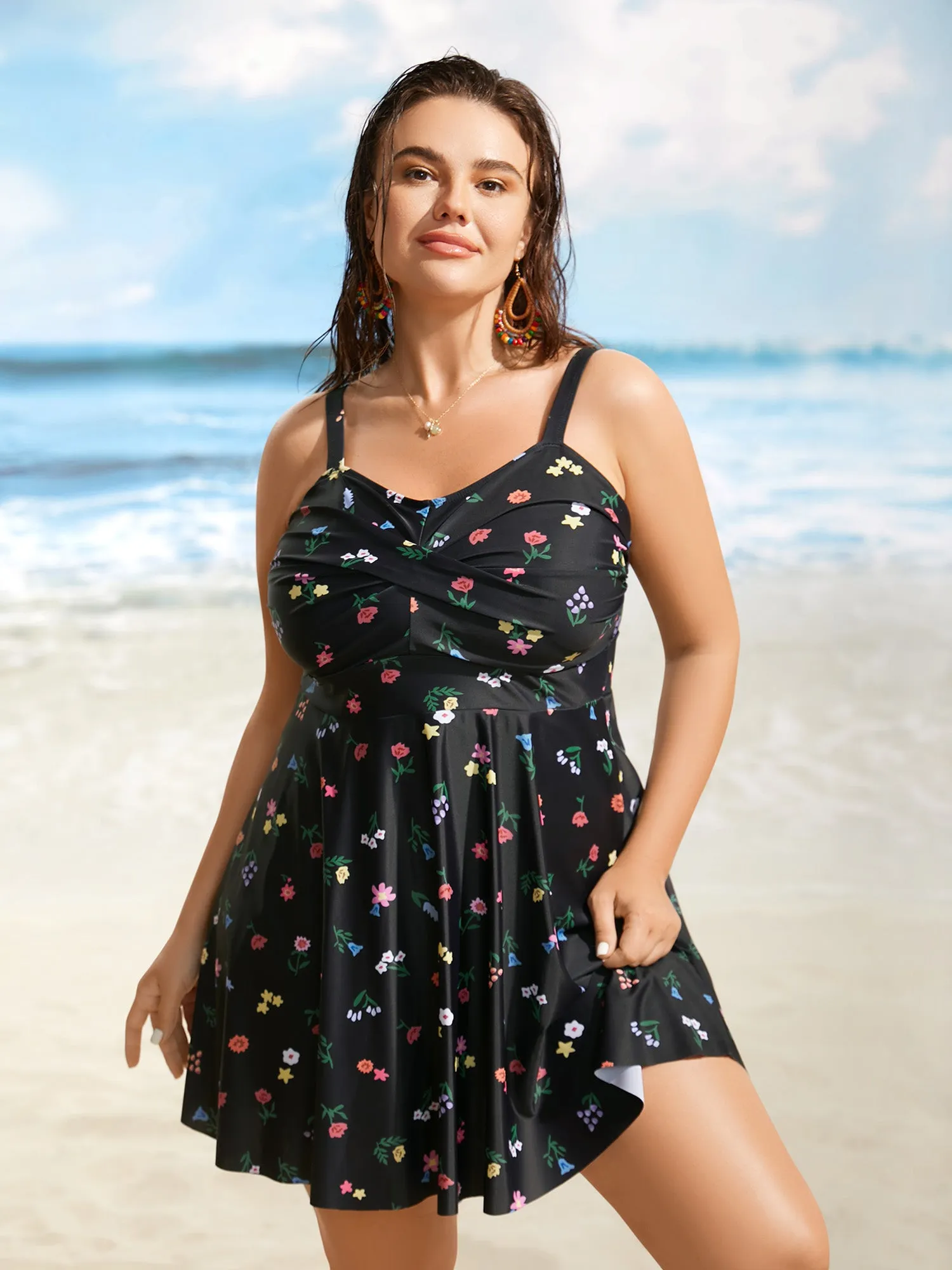 Heart Neckline Floral Twist Front Swim Dress sold by Bloomchic