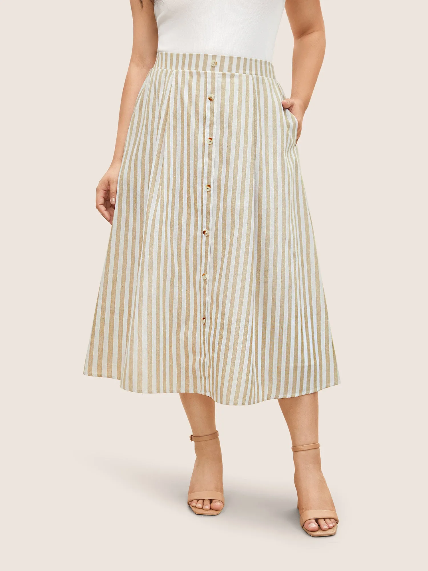 Stripes Elastic Waist Button Detail Pocket Skirt sold by Bloomchic