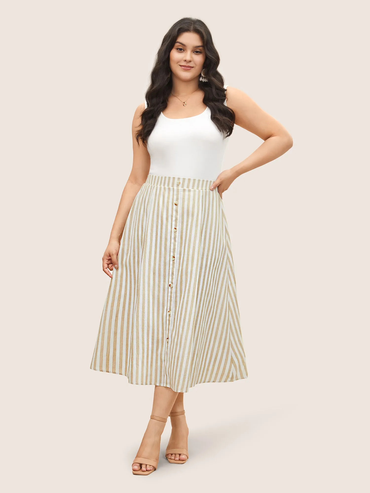 Stripes Elastic Waist Button Detail Pocket Skirt sold by Bloomchic product image thumbnail 2