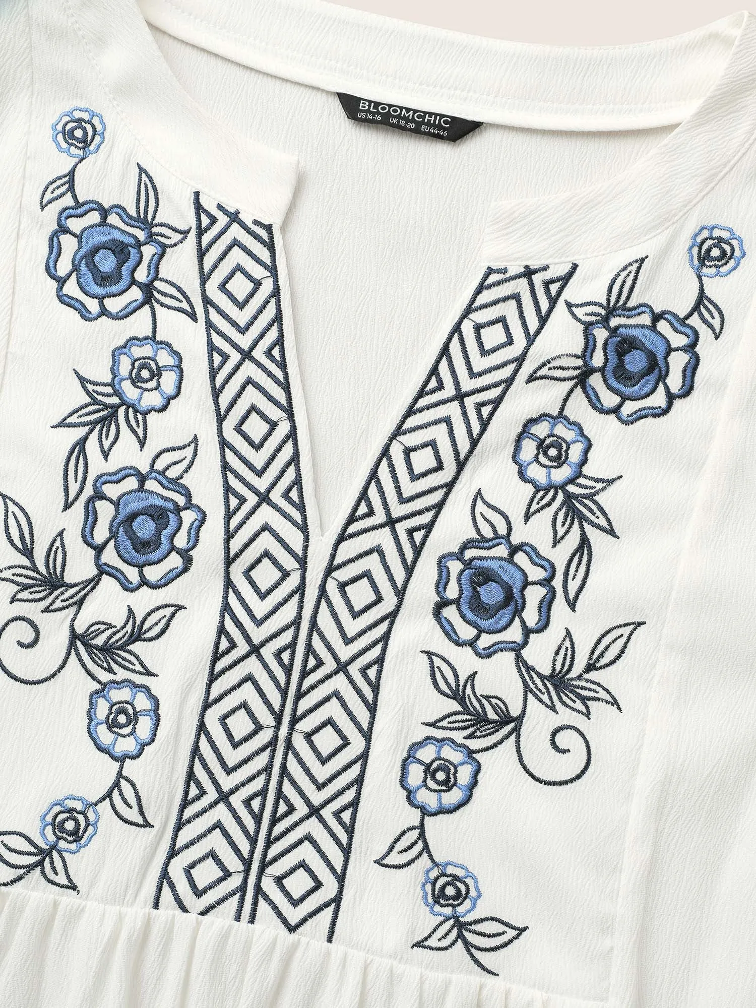 Boho Print Embroidered Gathered Notched Blouse sold by Bloomchic product image thumbnail 5