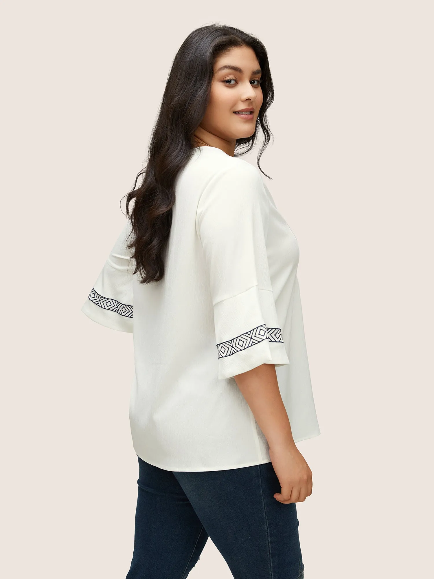 Boho Print Embroidered Gathered Notched Blouse sold by Bloomchic product image thumbnail 4