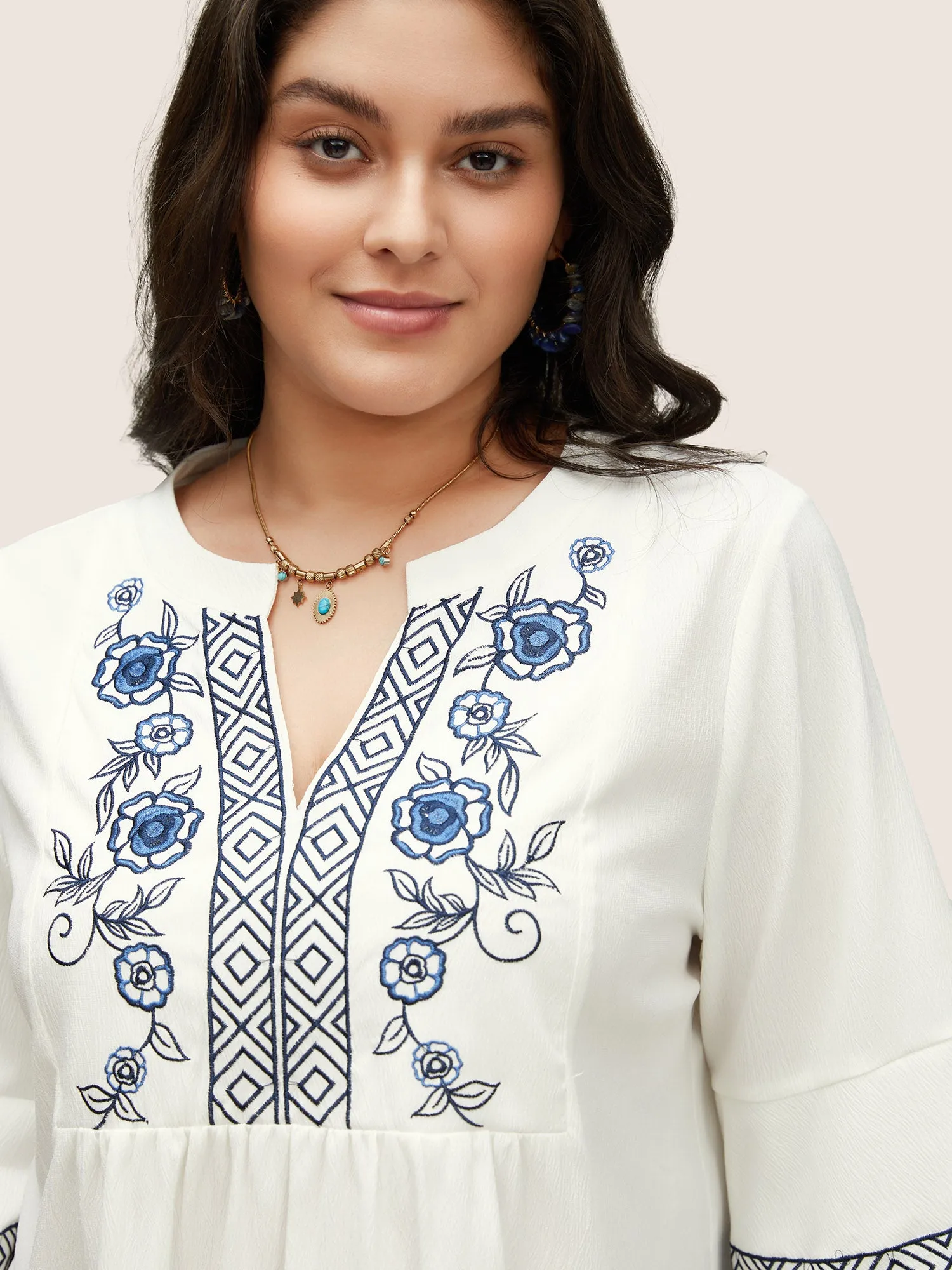 Boho Print Embroidered Gathered Notched Blouse sold by Bloomchic product image thumbnail 3
