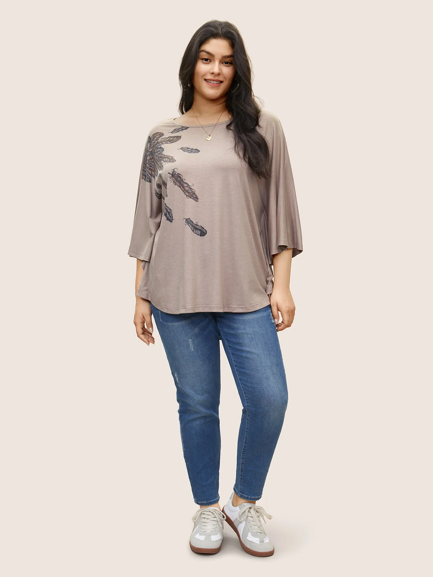 Feather Print Batwing Sleeve T-shirt sold by Bloomchic product image thumbnail 3