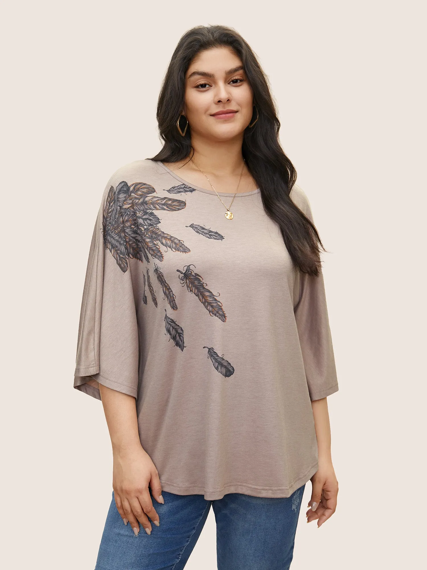 Feather Print Batwing Sleeve T-shirt sold by Bloomchic