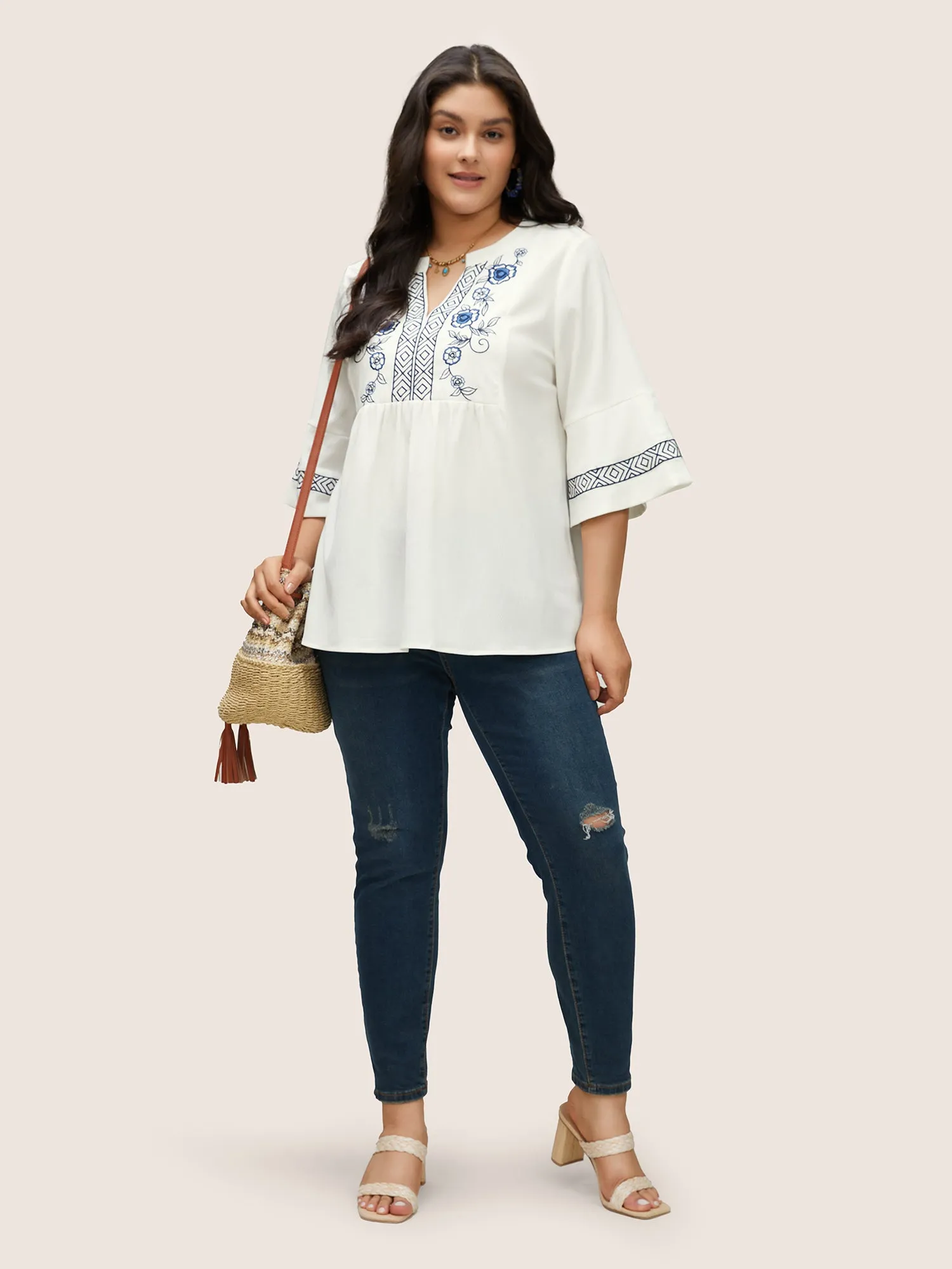 Boho Print Embroidered Gathered Notched Blouse sold by Bloomchic product image thumbnail 2