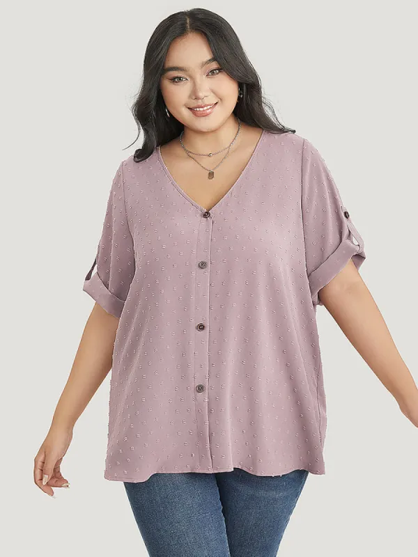 Polka Dot V Neck Button Detail Cuffed Sleeve Blouse sold by Bloomchic