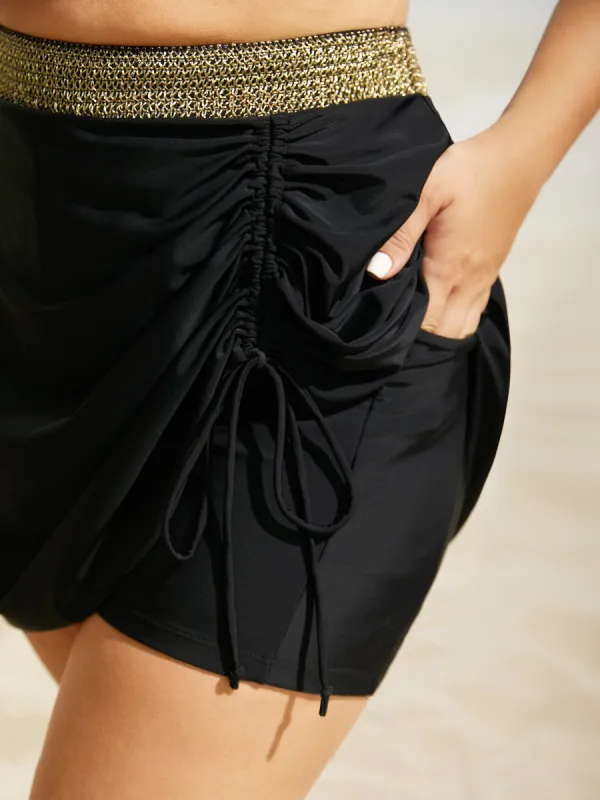 Contrast Webbing Patchwork Drawstring Gathered Swim Bottom sold by Bloomchic