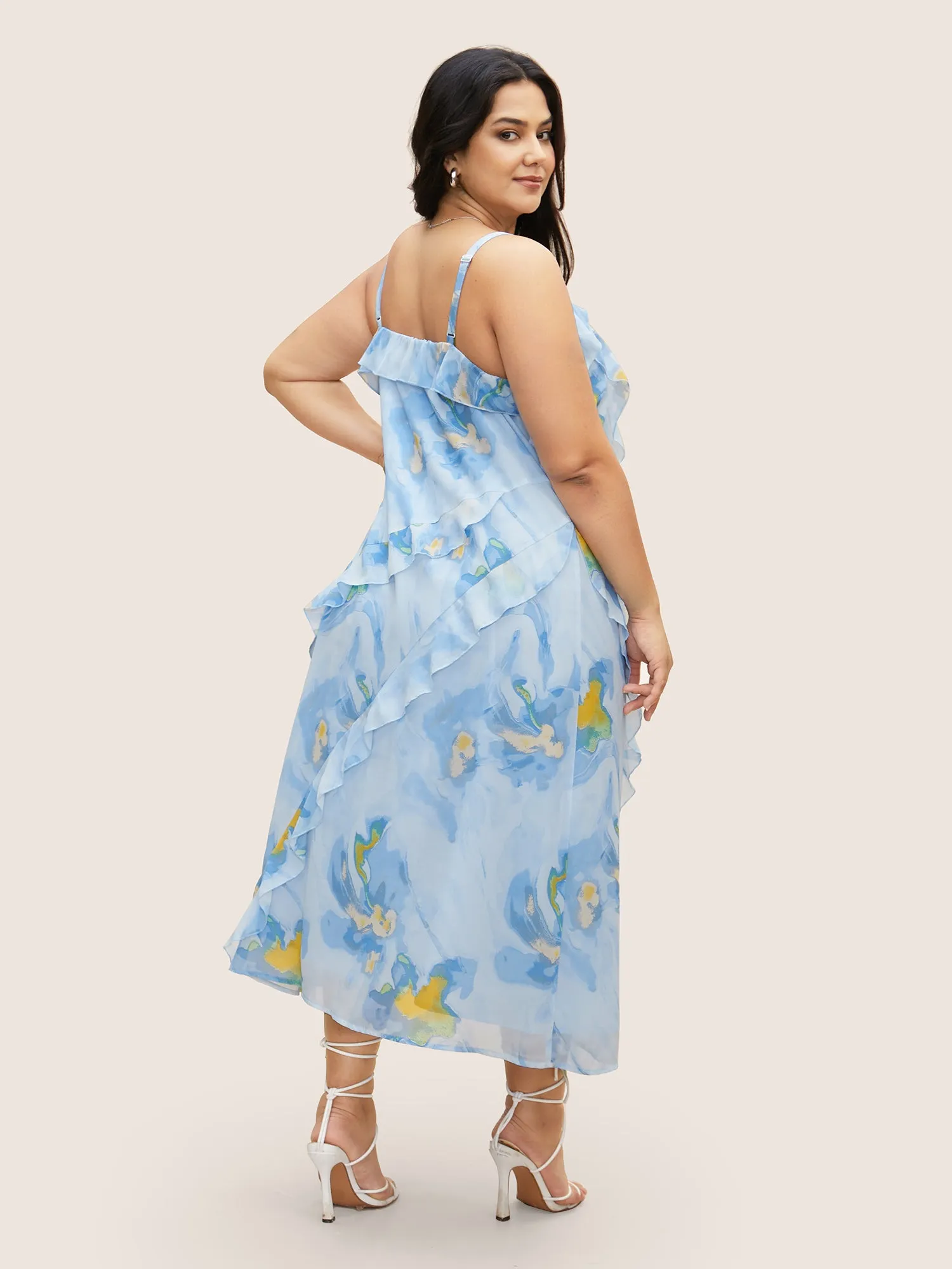 Watercolor Floral Ruffle Trim Slit Hem Dress sold by Bloomchic product image thumbnail 4