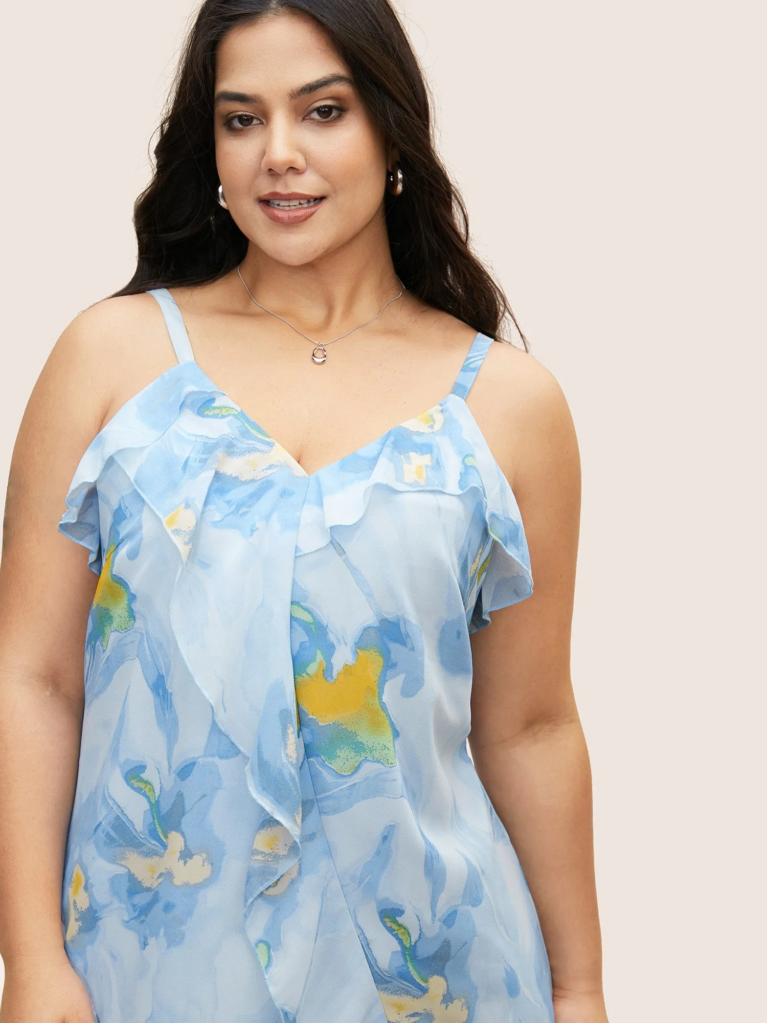 Watercolor Floral Ruffle Trim Slit Hem Dress sold by Bloomchic product image thumbnail 3