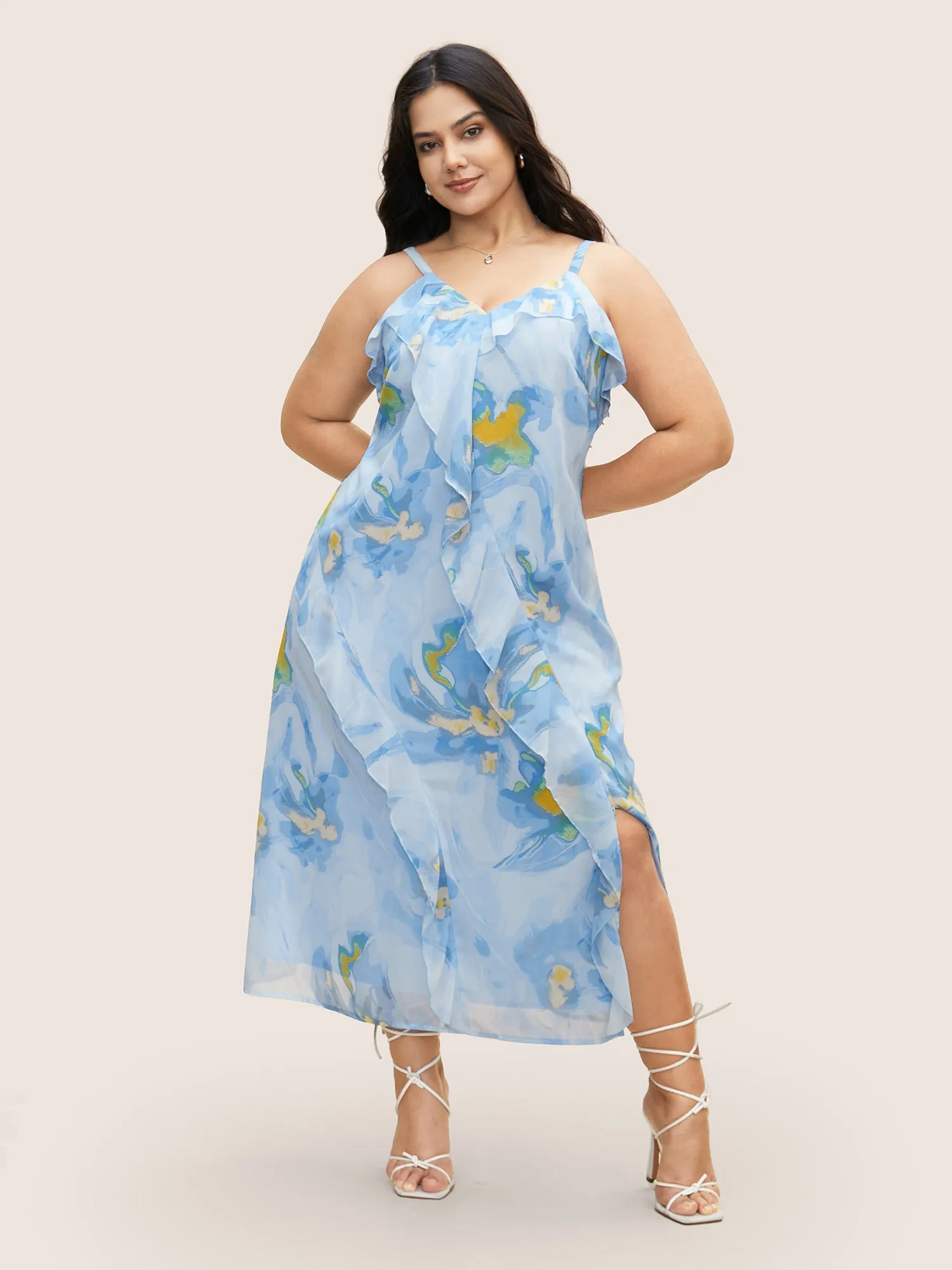 Watercolor Floral Ruffle Trim Slit Hem Dress sold by Bloomchic