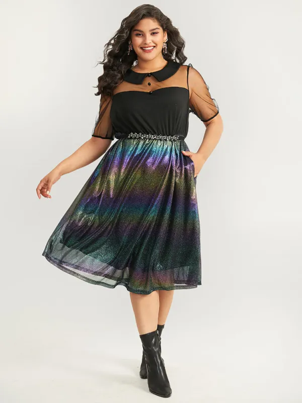 Halloween Rainbow Glitter Mesh Lapel Collar Dress sold by Bloomchic