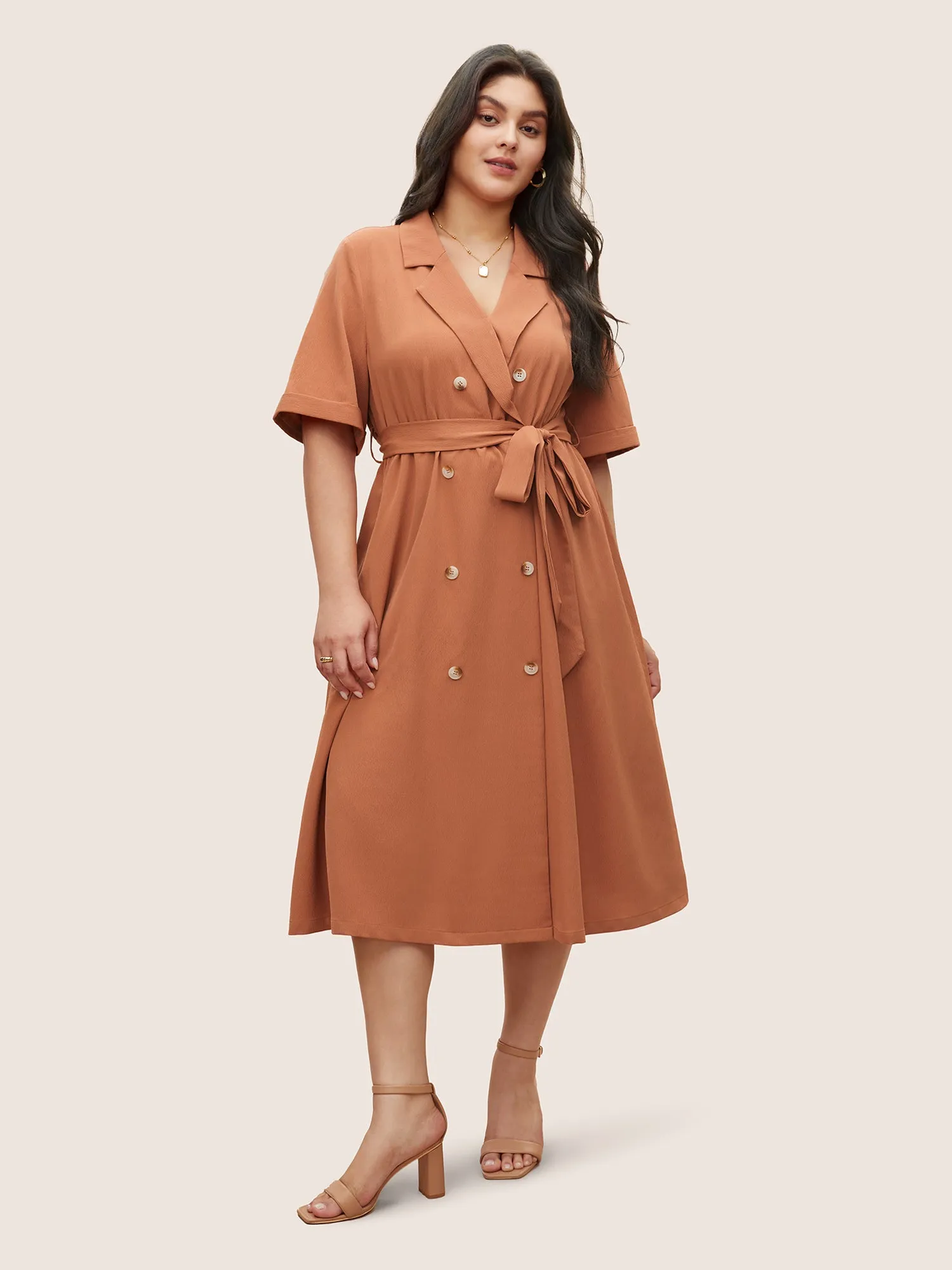 Suit Collar Solid Belted Button Up Dress sold by Bloomchic product image thumbnail 2