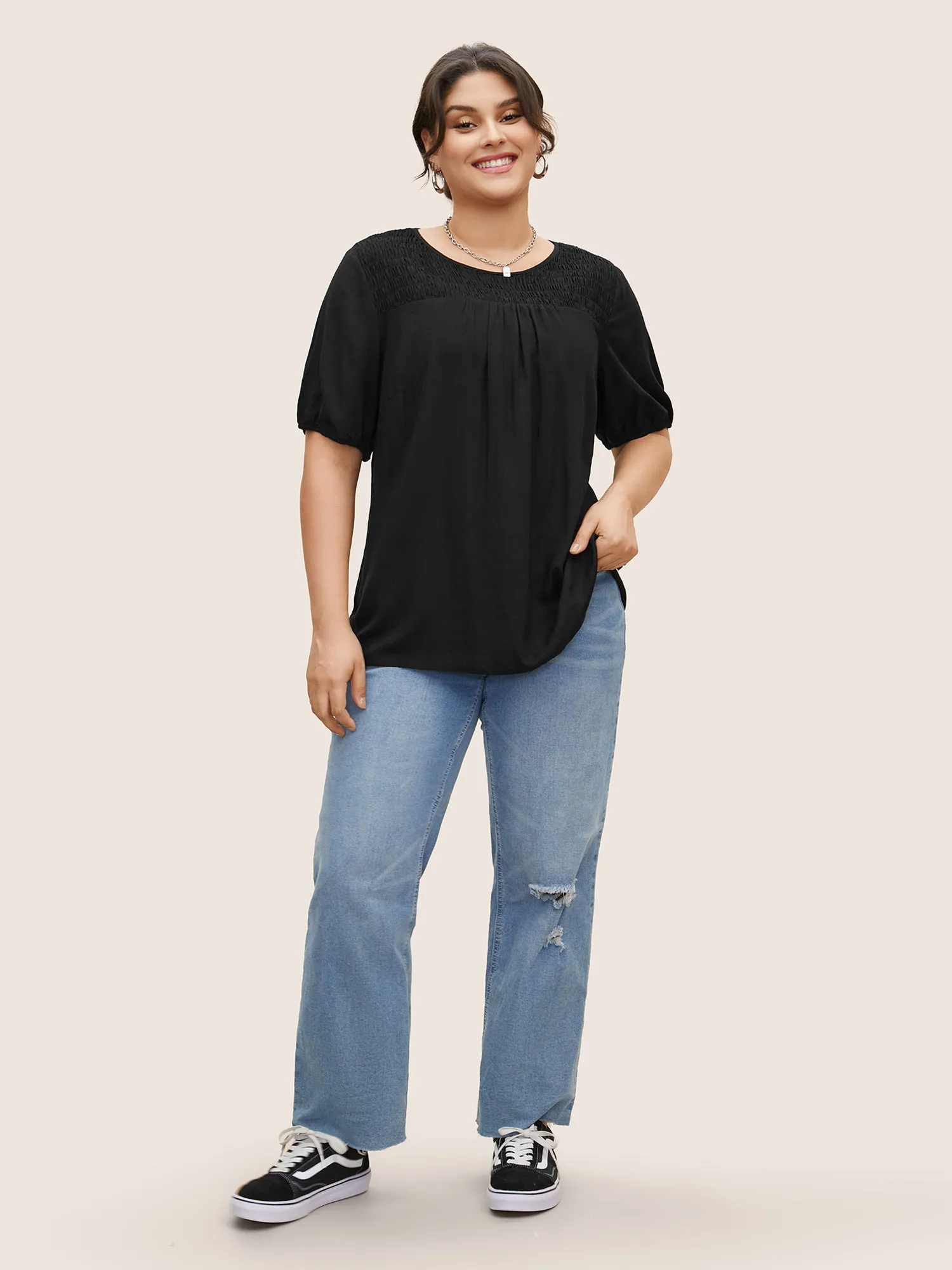 Linen Blend Gathered Shirred Puff Sleeve Blouse sold by Bloomchic product image thumbnail 4