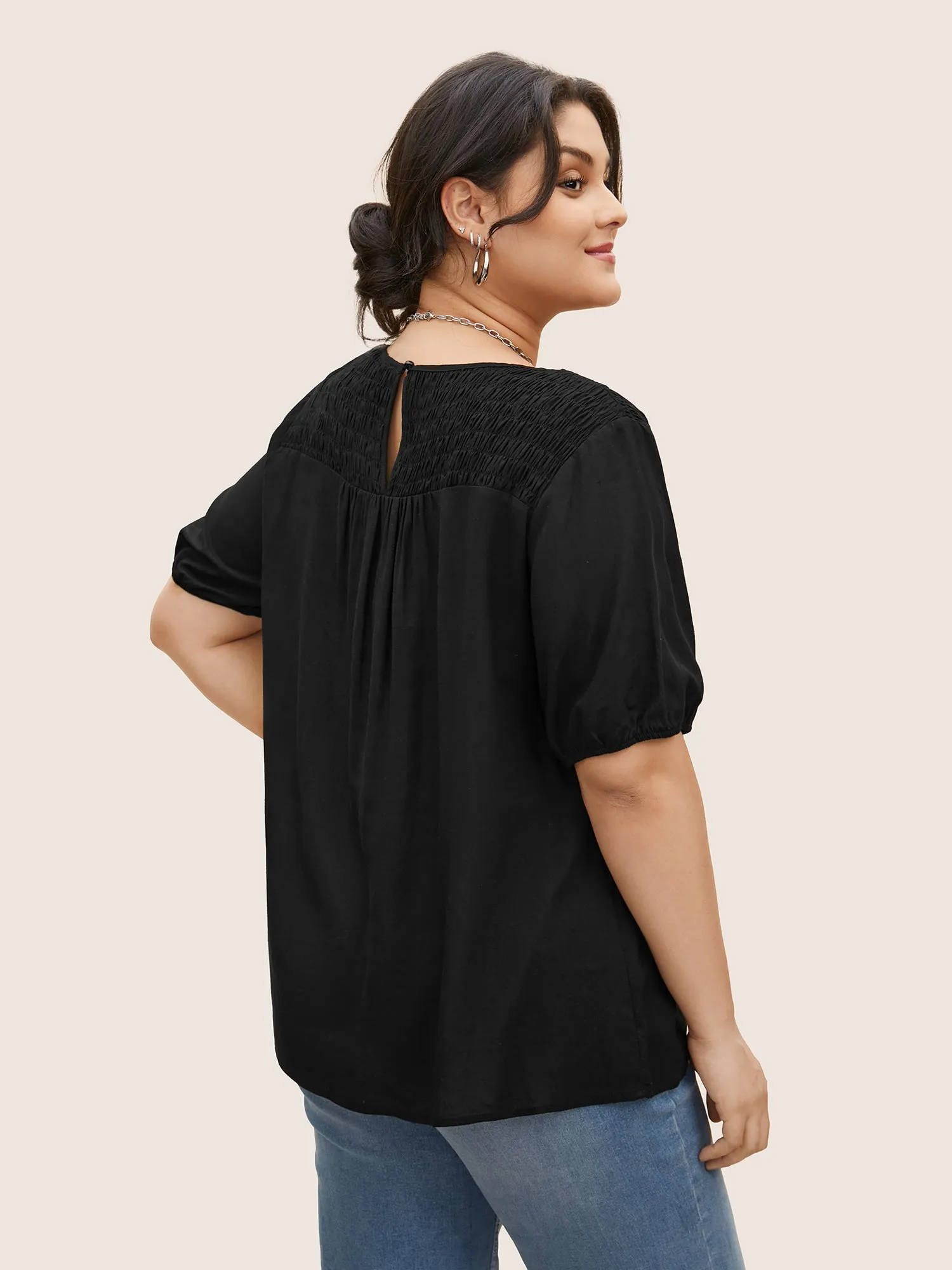 Linen Blend Gathered Shirred Puff Sleeve Blouse sold by Bloomchic product image thumbnail 3