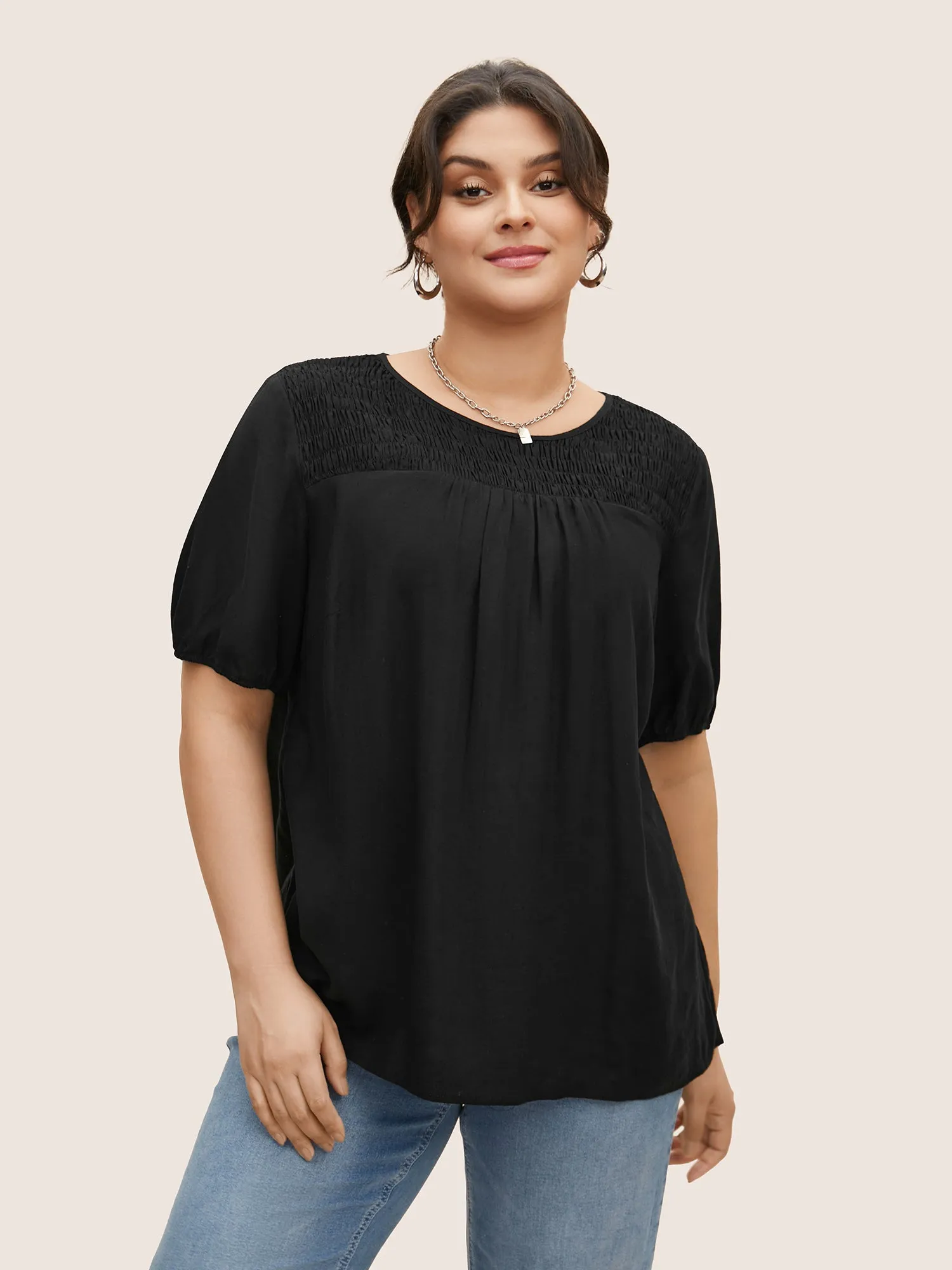 Linen Blend Gathered Shirred Puff Sleeve Blouse sold by Bloomchic product image thumbnail 2