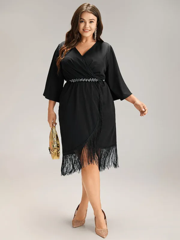 Plain Wrap Tassel Trim Pleated Dress sold by Bloomchic