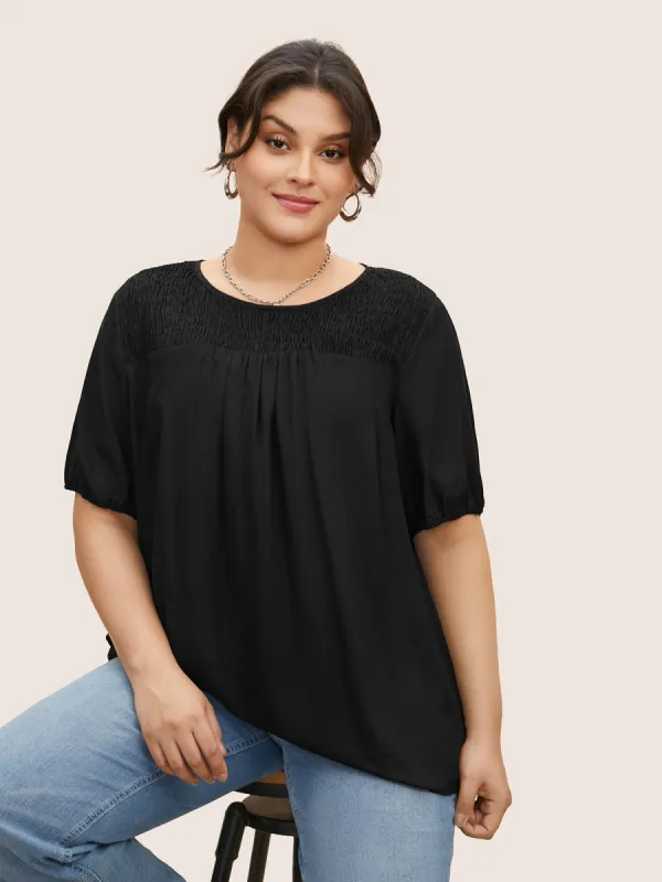 Linen Blend Gathered Shirred Puff Sleeve Blouse sold by Bloomchic