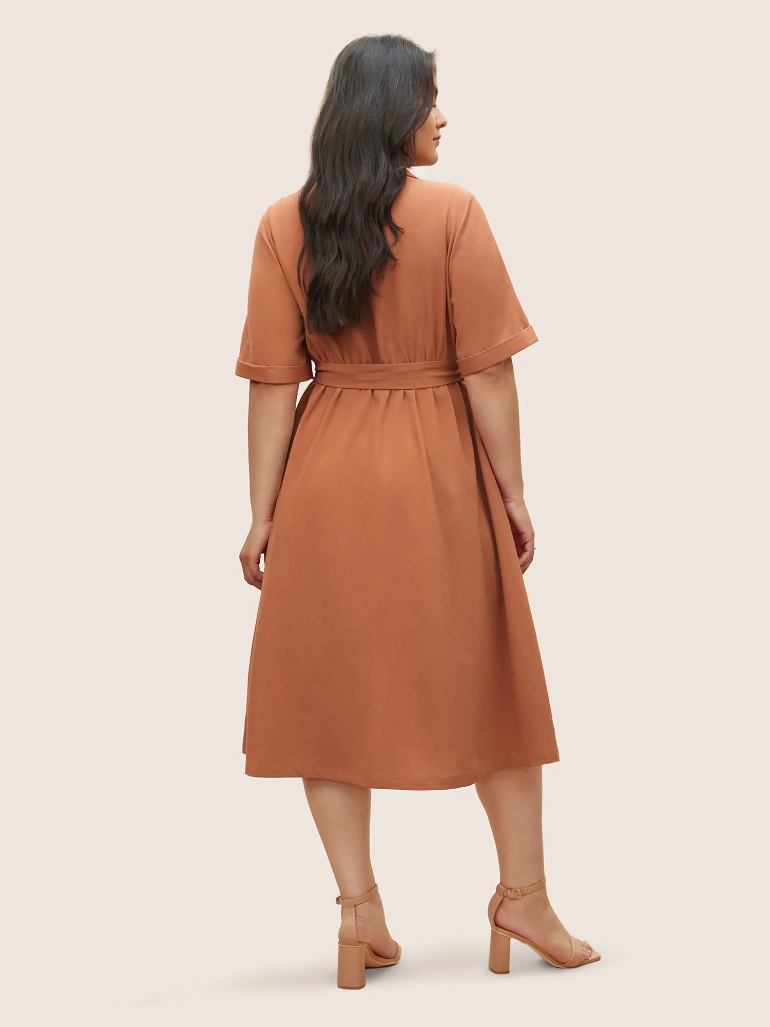 Suit Collar Solid Belted Button Up Dress sold by Bloomchic product image thumbnail 3