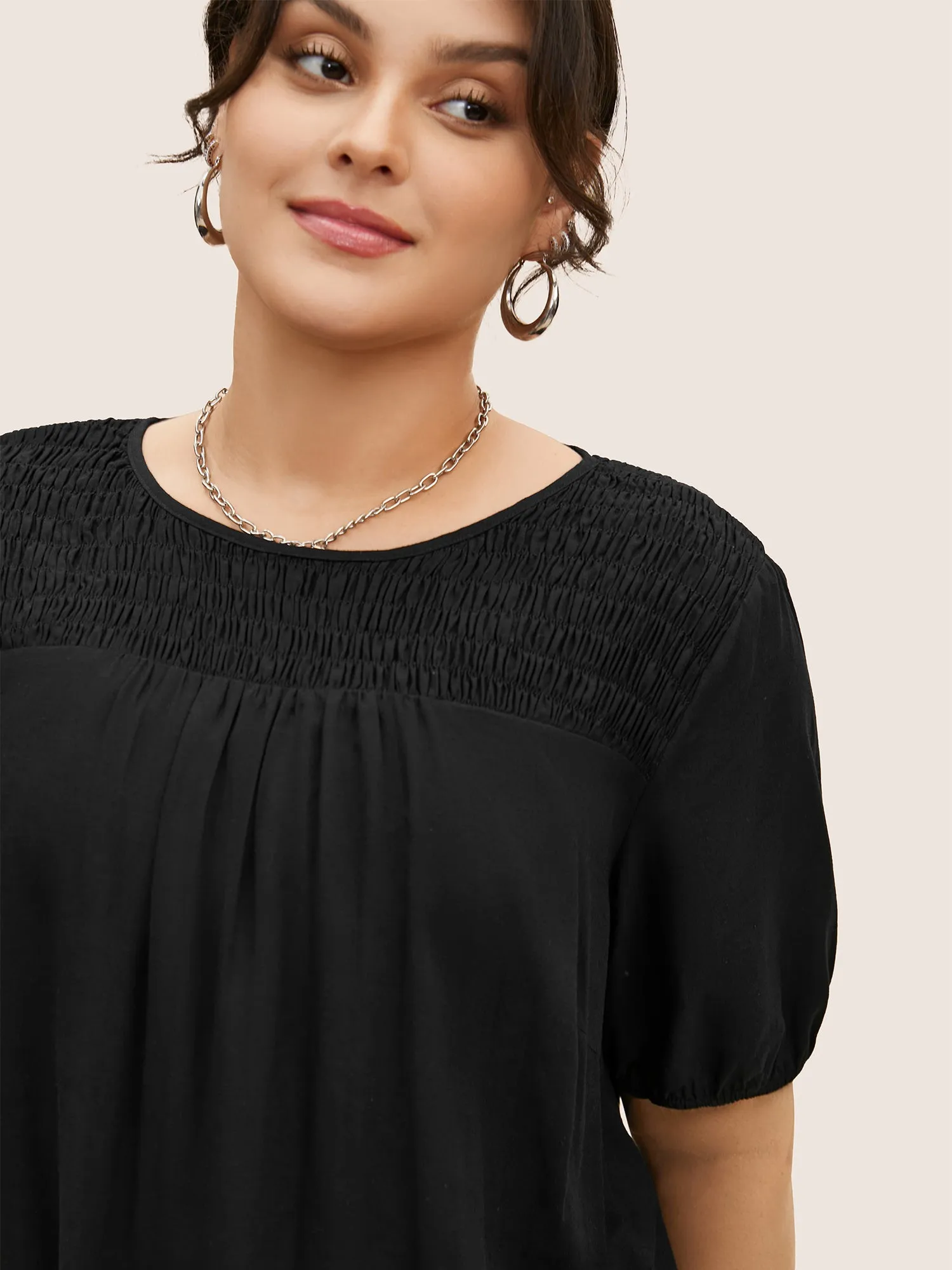 Linen Blend Gathered Shirred Puff Sleeve Blouse sold by Bloomchic product image thumbnail 5