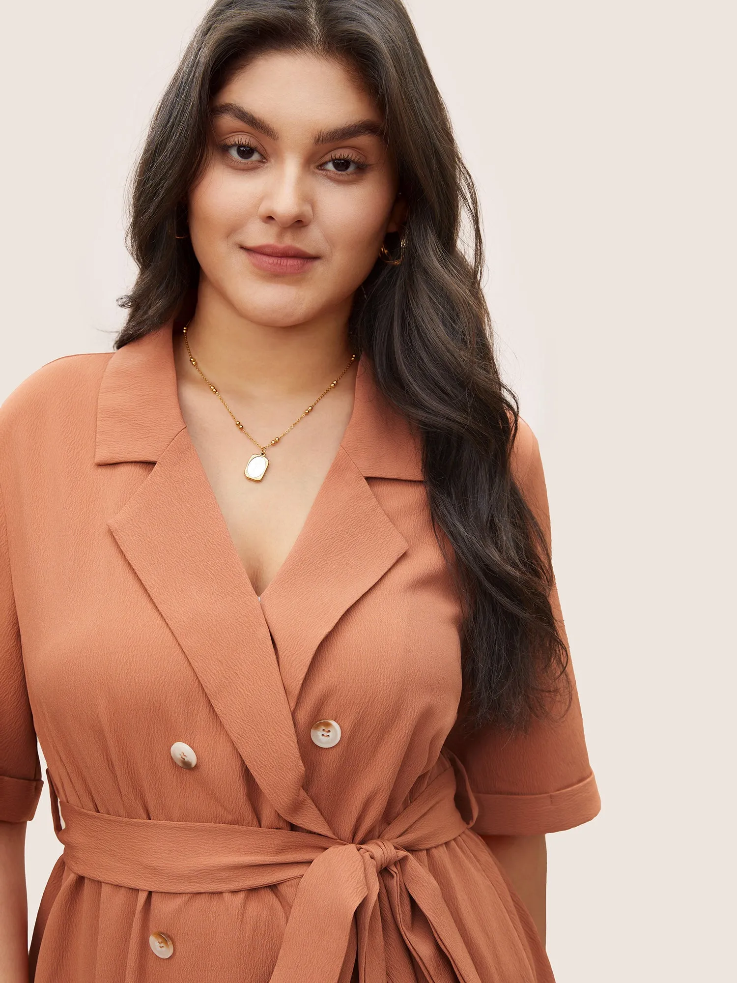 Suit Collar Solid Belted Button Up Dress sold by Bloomchic product image thumbnail 4