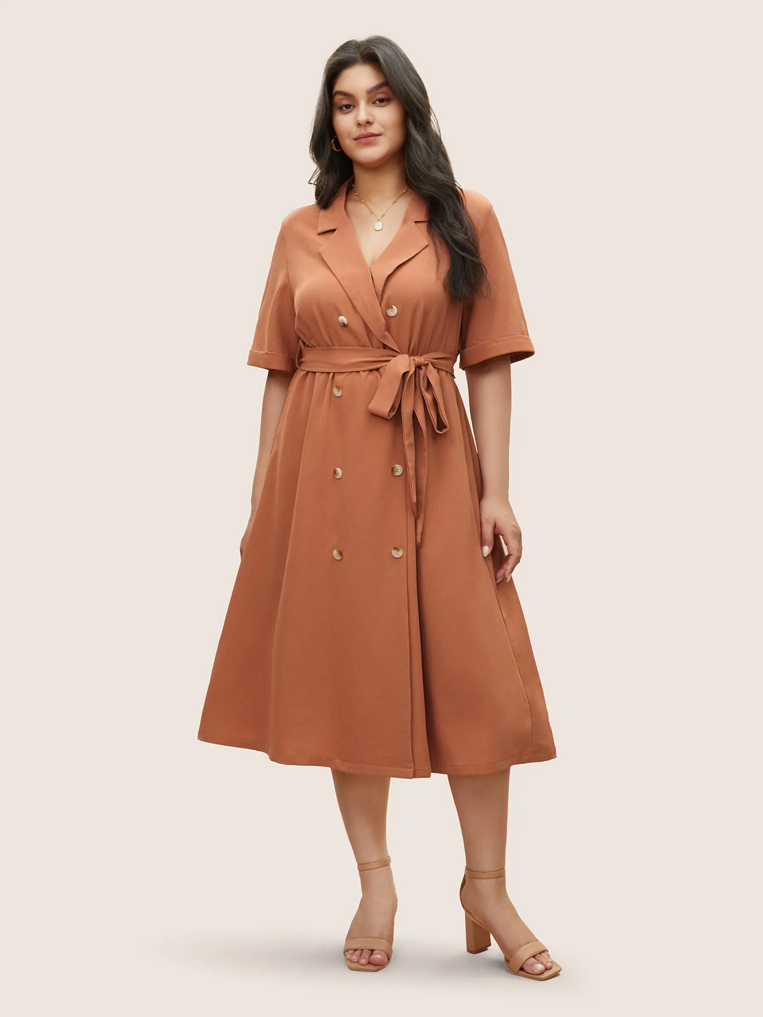 Suit Collar Solid Belted Button Up Dress sold by Bloomchic