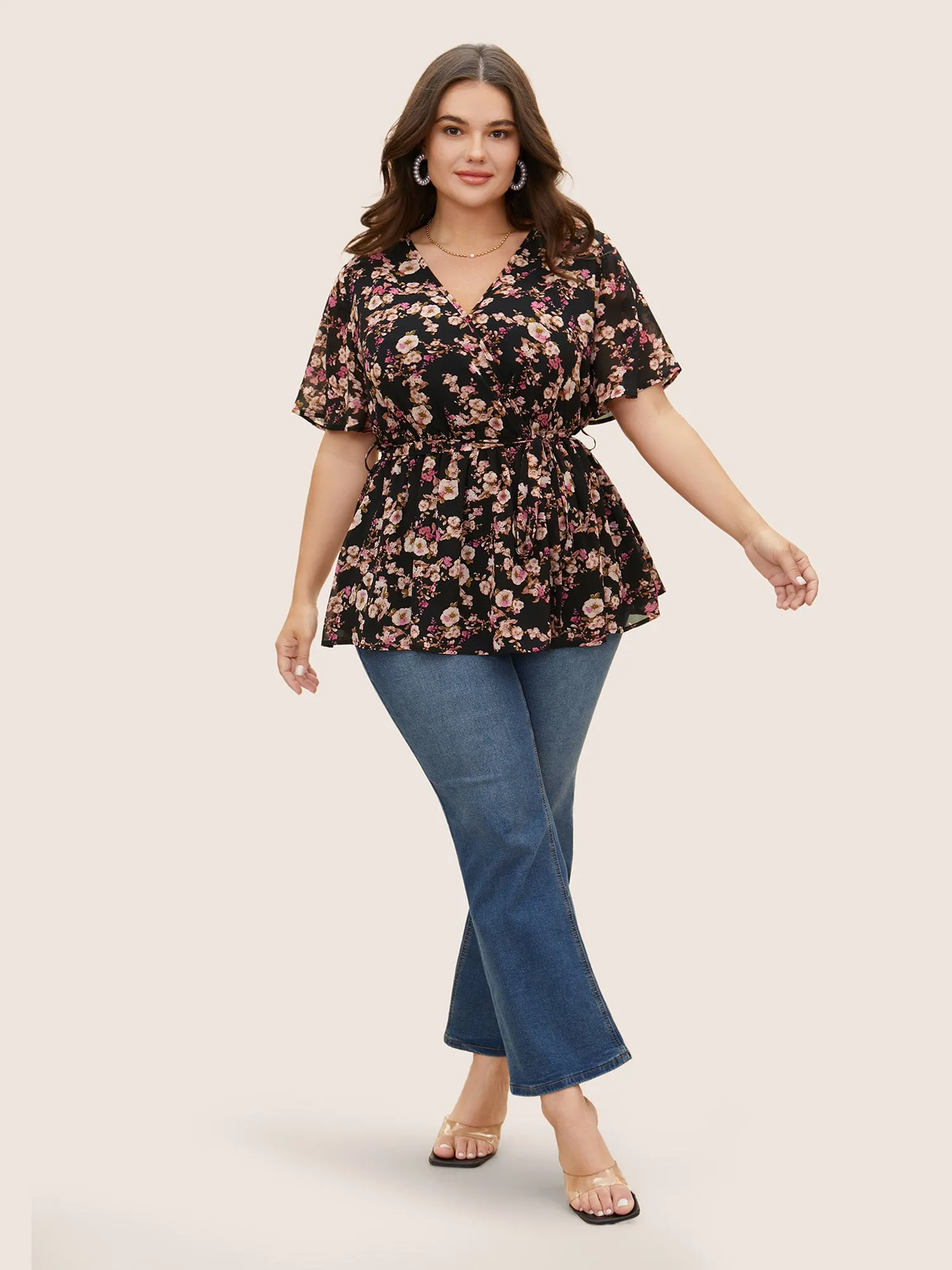 Chiffon Floral Overlap Collar Elastic Waist Blouse sold by Bloomchic product image thumbnail 2