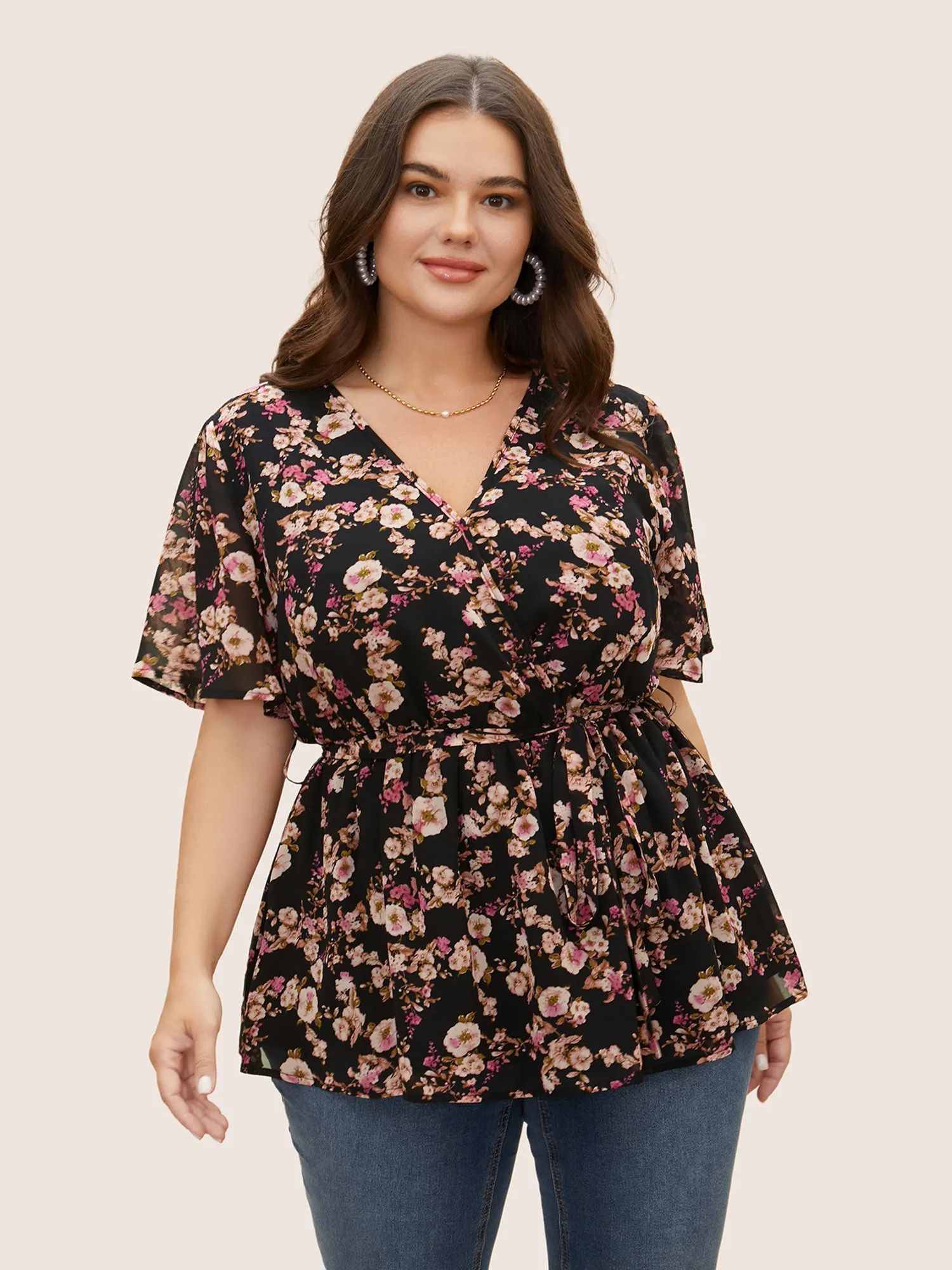 Chiffon Floral Overlap Collar Elastic Waist Blouse sold by Bloomchic
