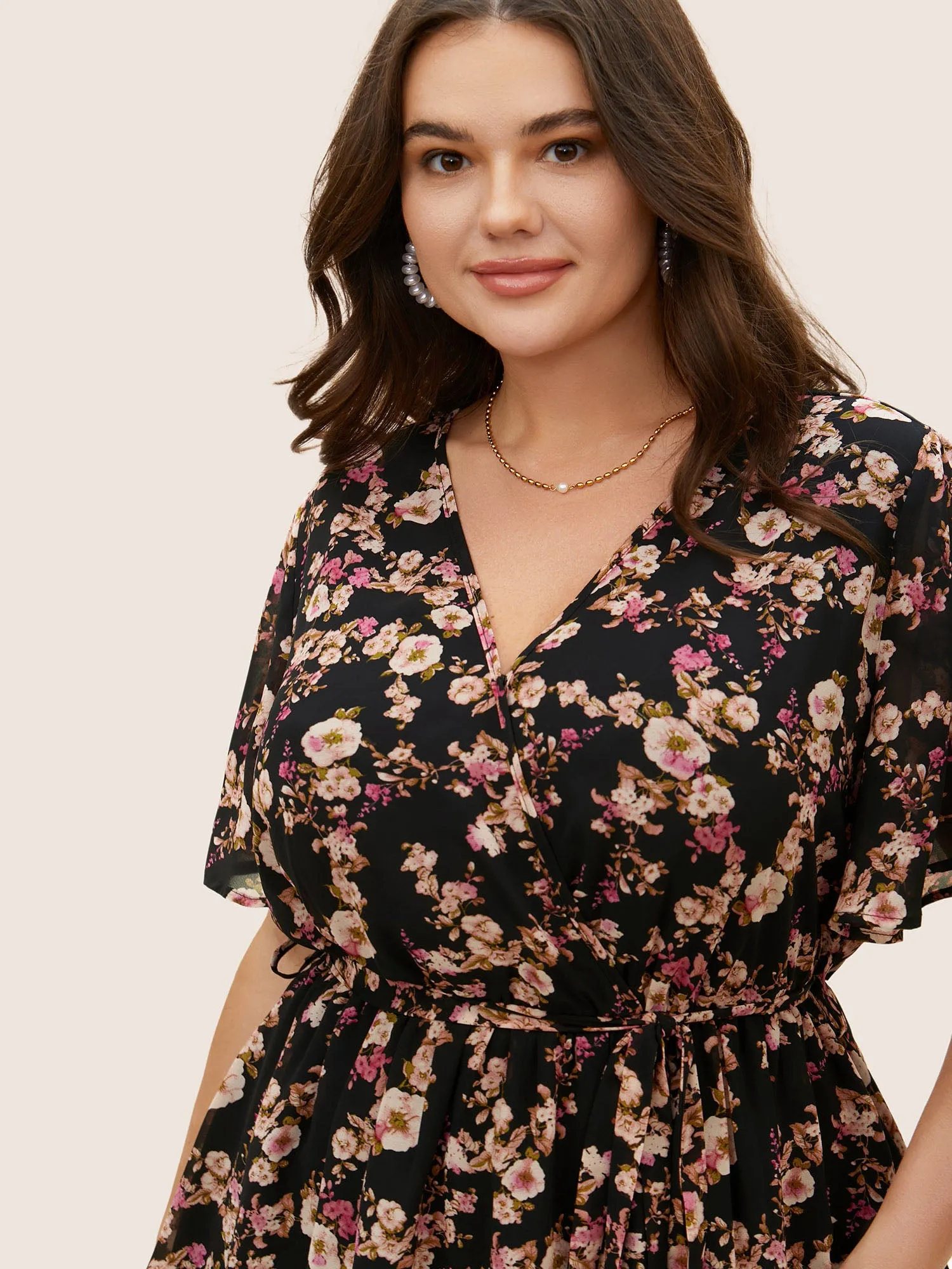 Chiffon Floral Overlap Collar Elastic Waist Blouse sold by Bloomchic product image thumbnail 3