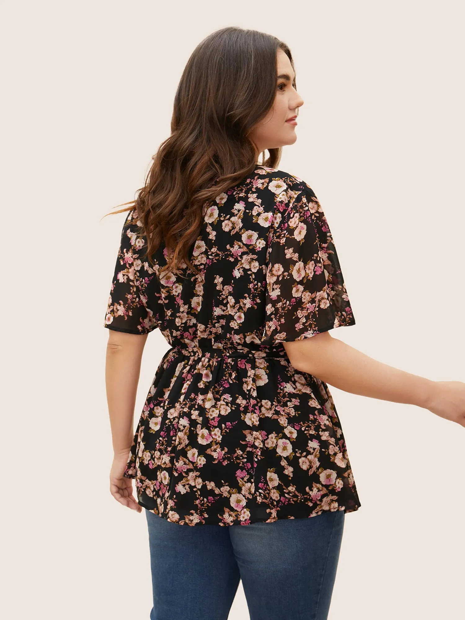 Chiffon Floral Overlap Collar Elastic Waist Blouse sold by Bloomchic product image thumbnail 4