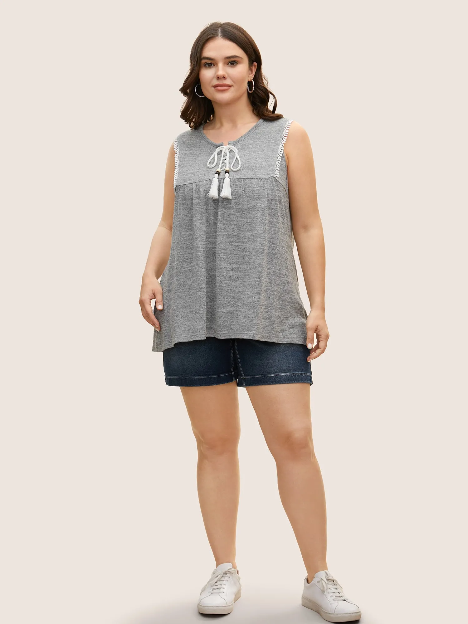 Textured Lace Up Tassel Pompom Trim Tank Top sold by Bloomchic product image thumbnail 2