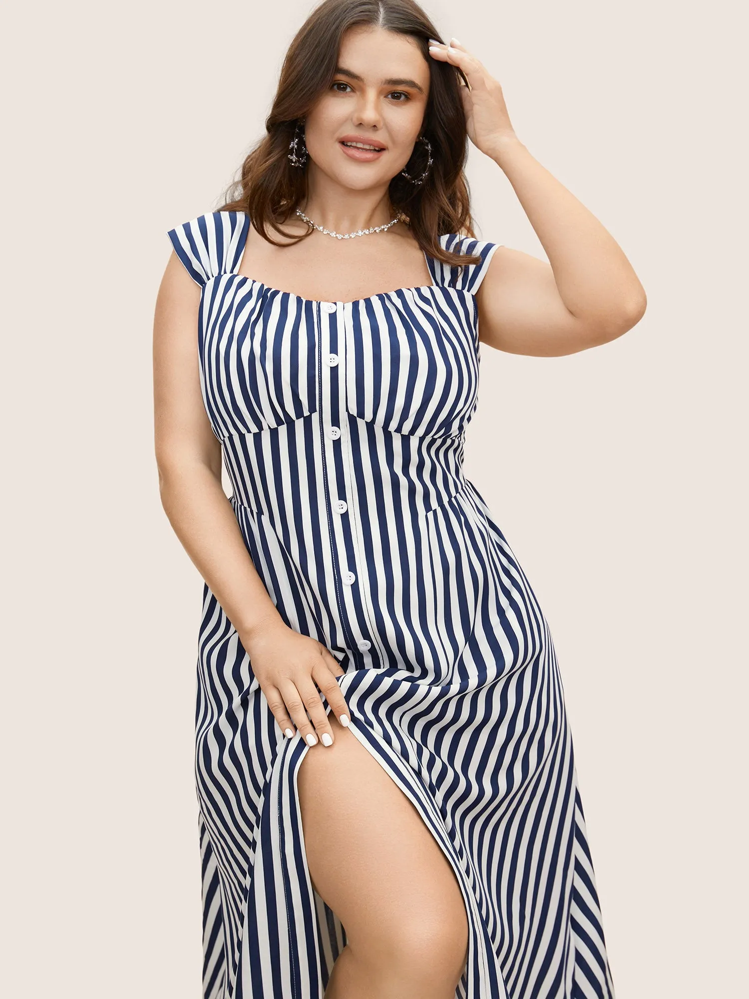 Striped Button Detail Split Front Midi Dress sold by Bloomchic product image thumbnail 3