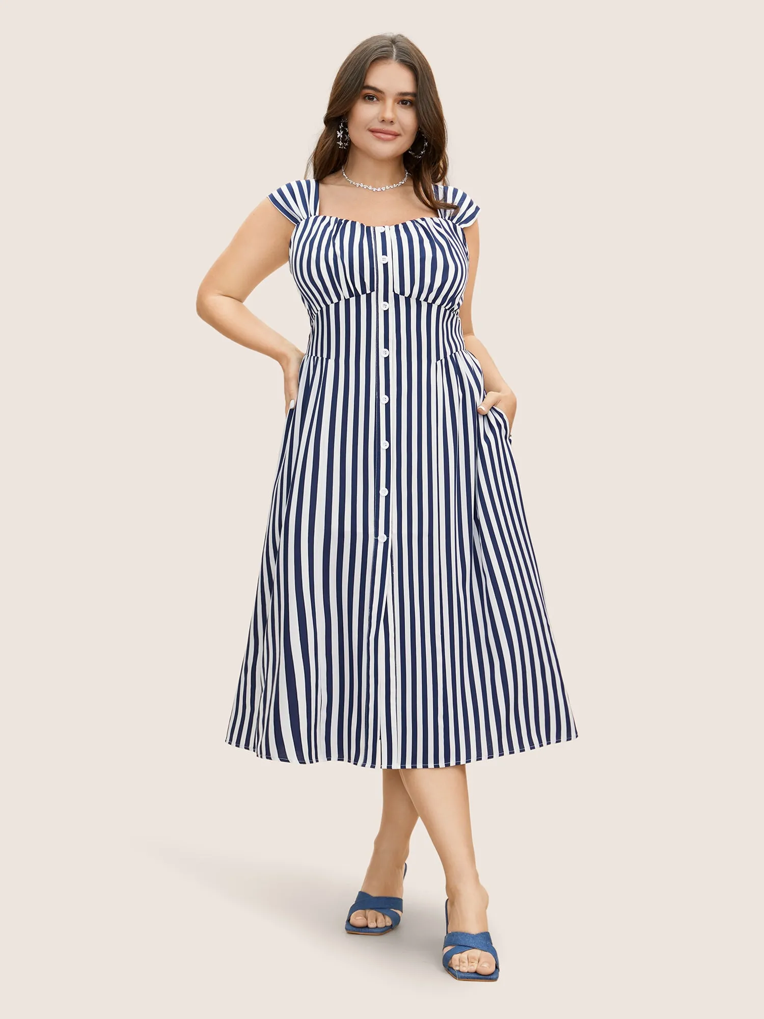 Striped Button Detail Split Front Midi Dress sold by Bloomchic product image thumbnail 2