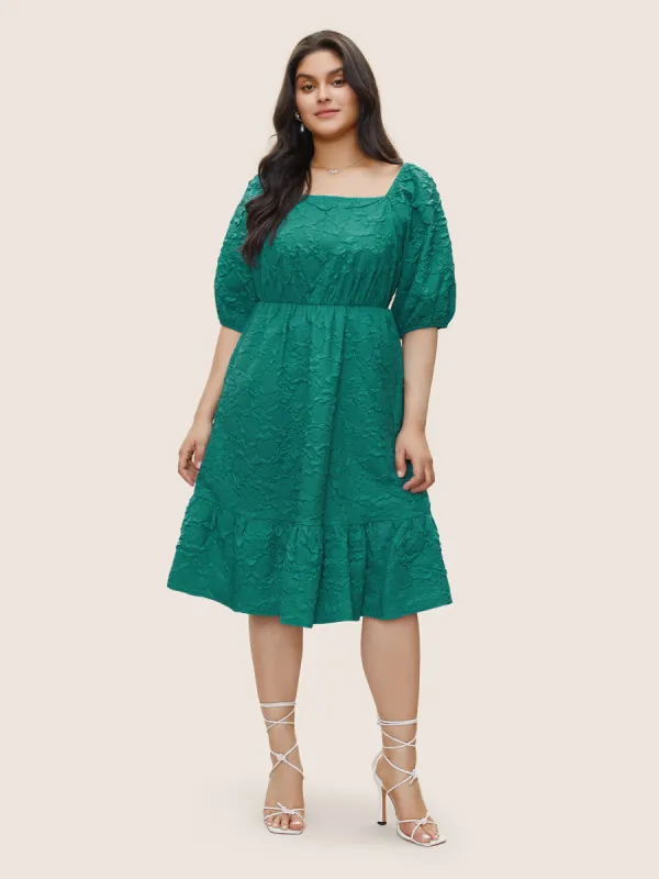 Plisse Patchwork Flutter Hem Square Neck Dress sold by Bloomchic