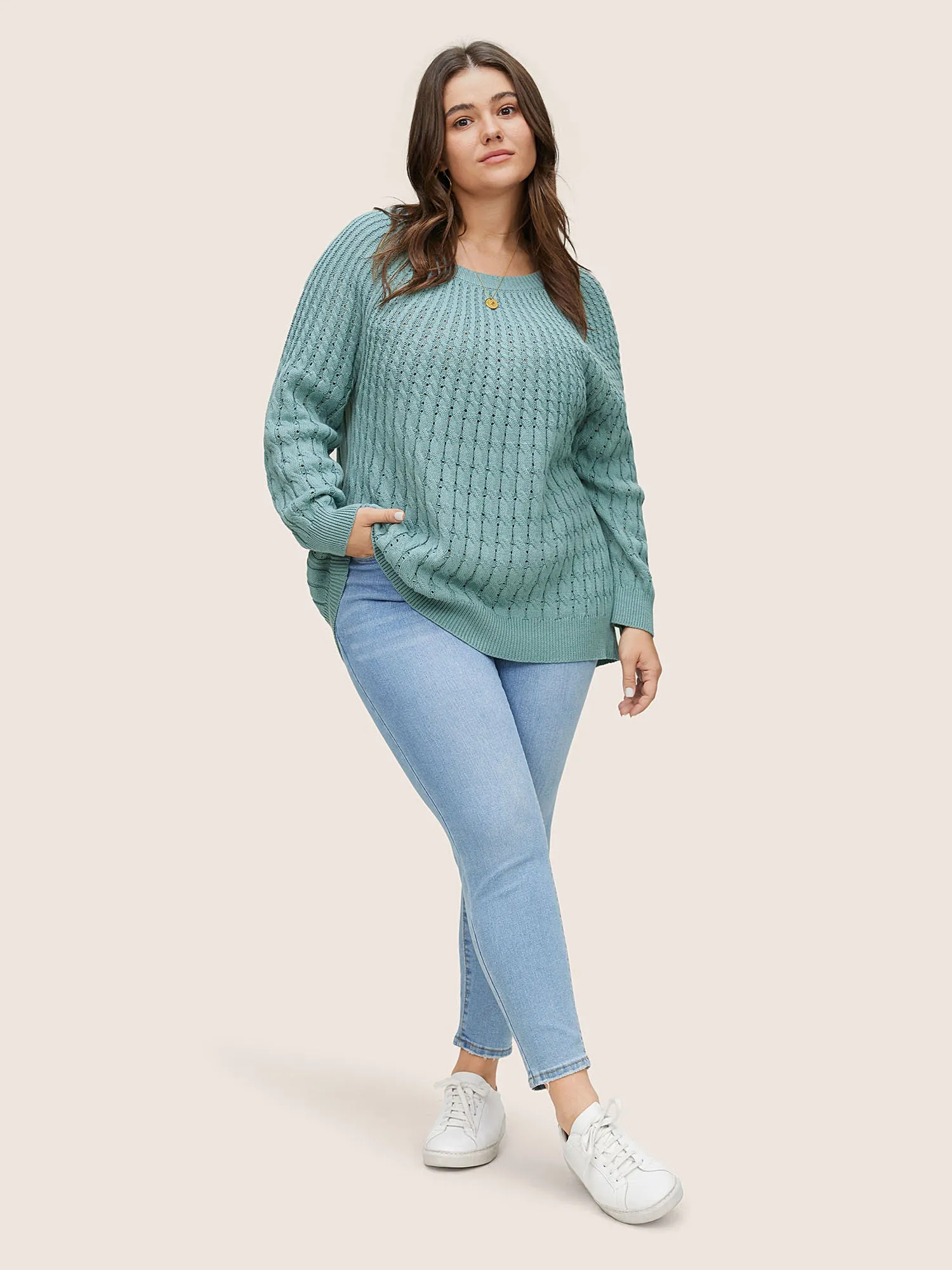 Cotton Blended Cable Knit Raglan Sleeve Pullover sold by Bloomchic product image thumbnail 3