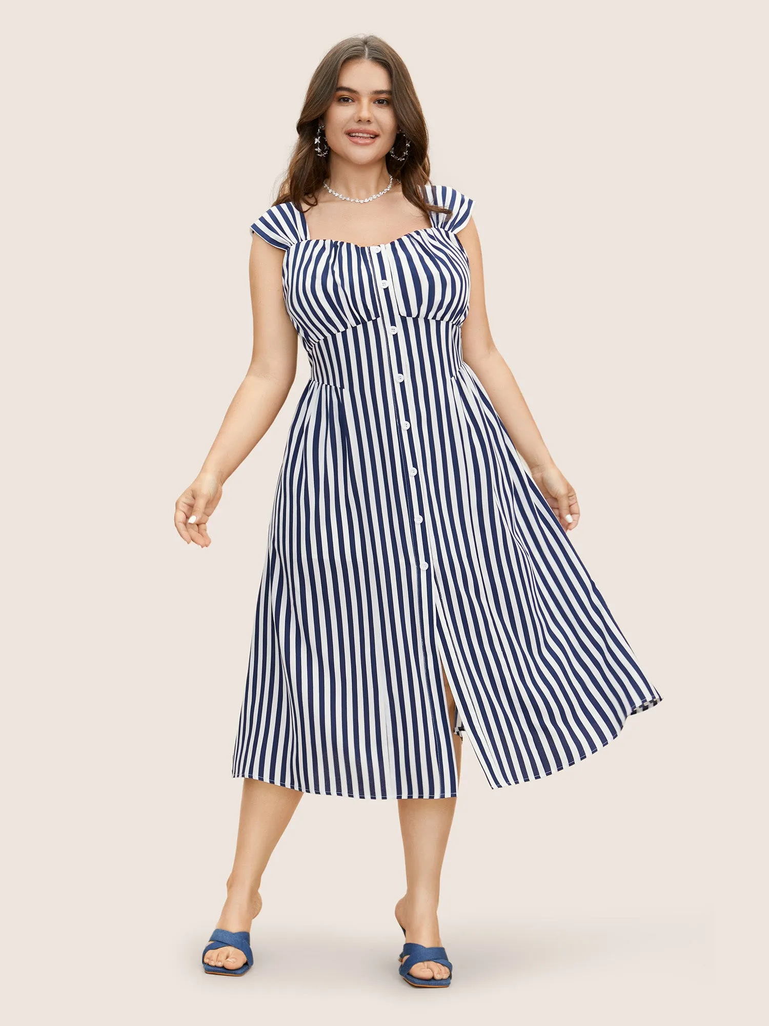 Striped Button Detail Split Front Midi Dress sold by Bloomchic