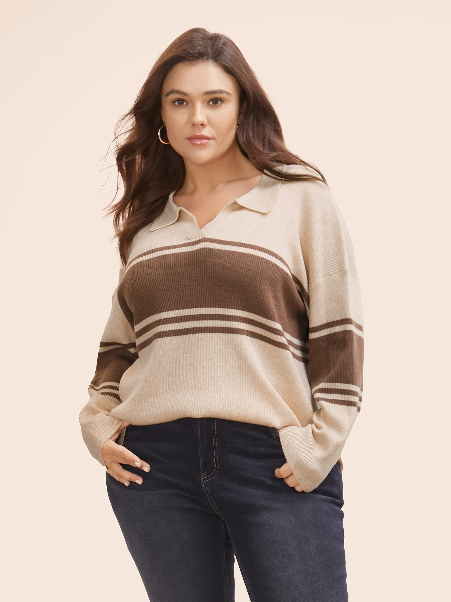 Colorblock Contrast Striped Polo Neck Pullover sold by Bloomchic