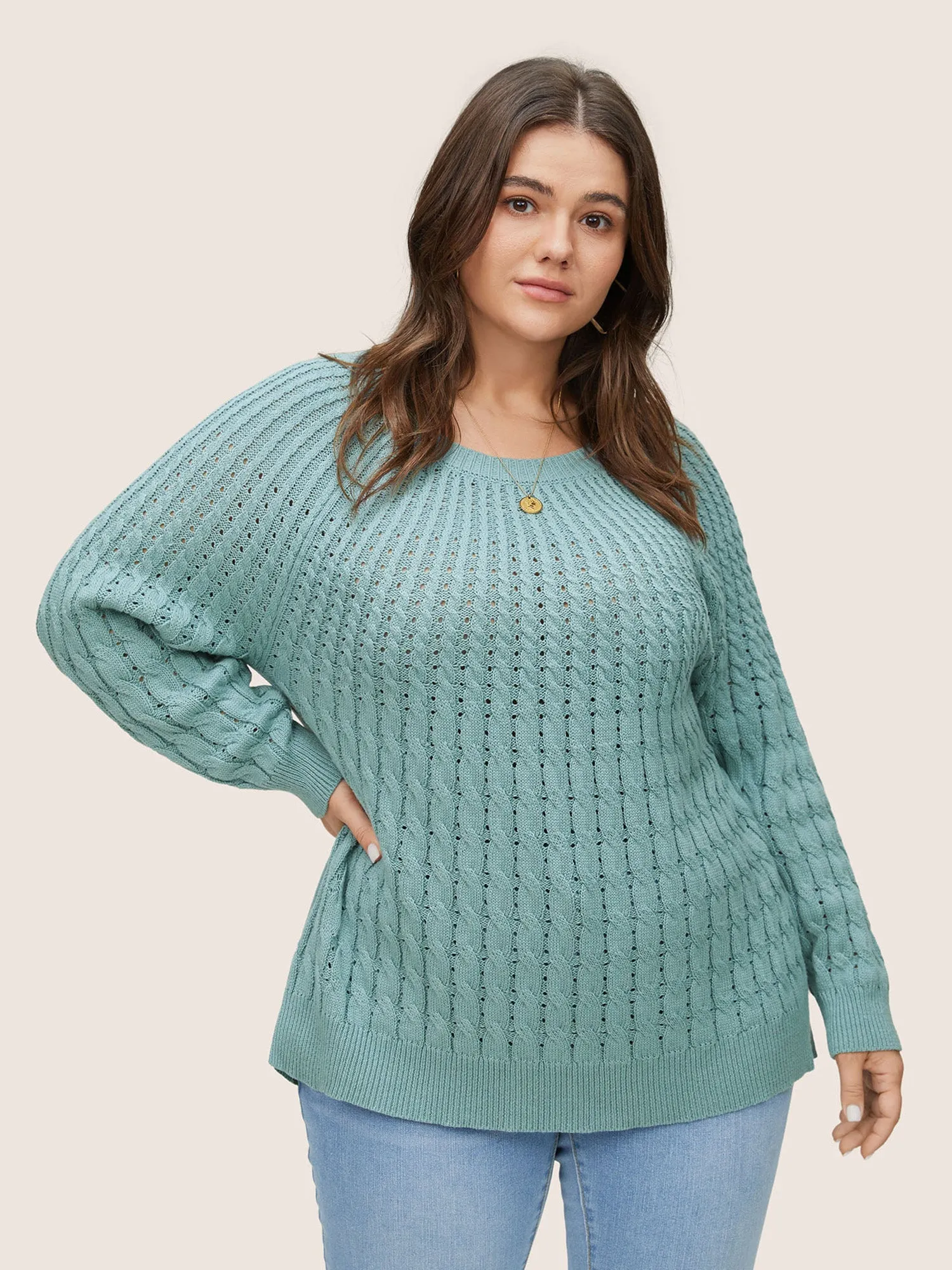 Cotton Blended Cable Knit Raglan Sleeve Pullover sold by Bloomchic