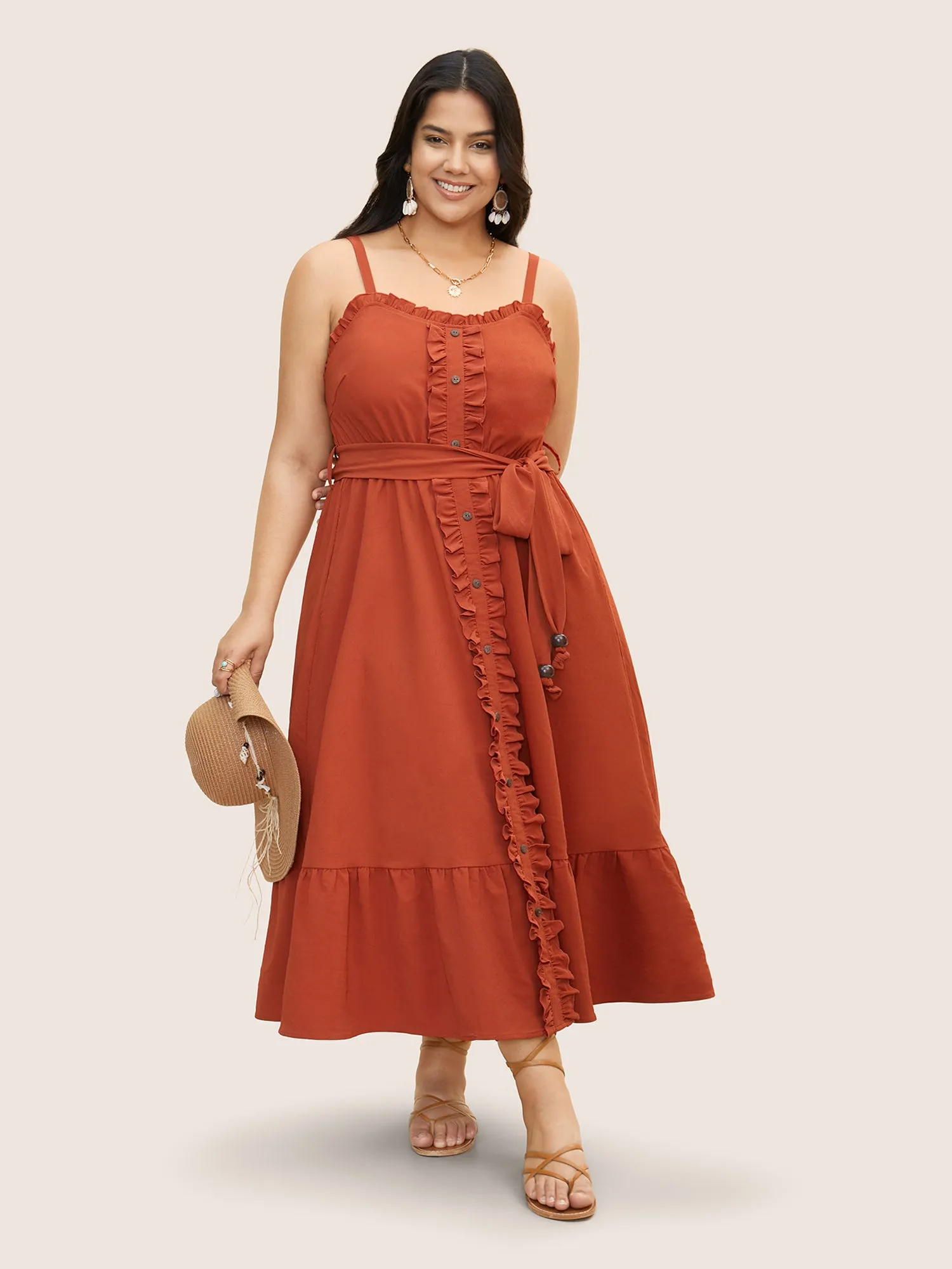 Plain Textured Frill Trim Button Detail Dress sold by Bloomchic