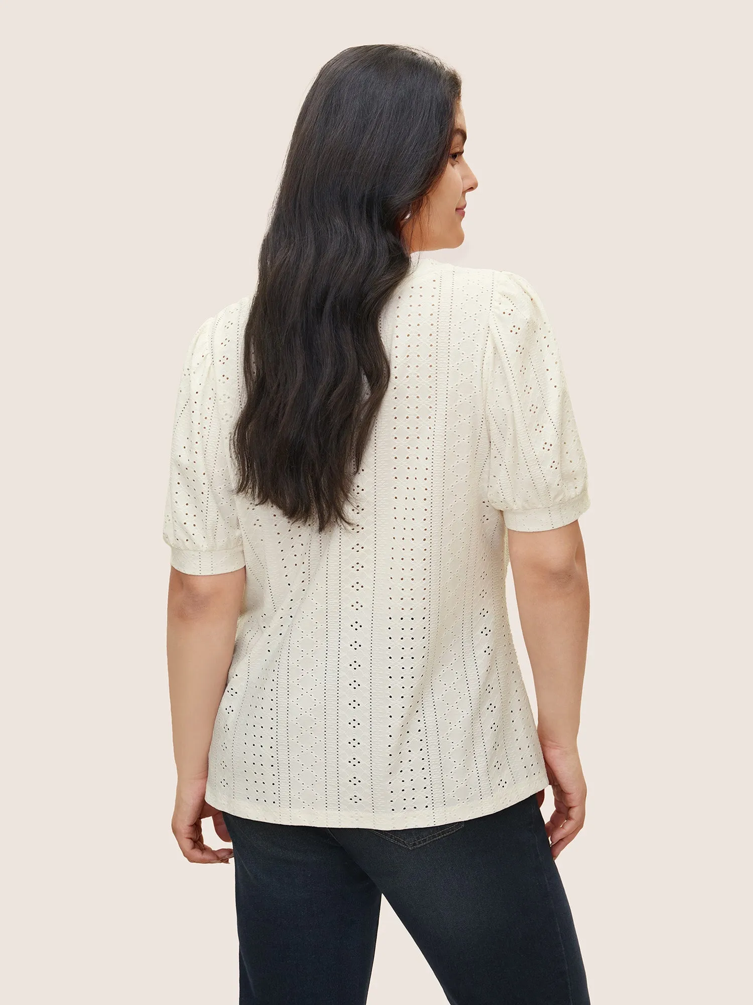 Solid Notched Broderie Anglaise Lantern Sleeve T-shirt sold by Bloomchic product image thumbnail 2