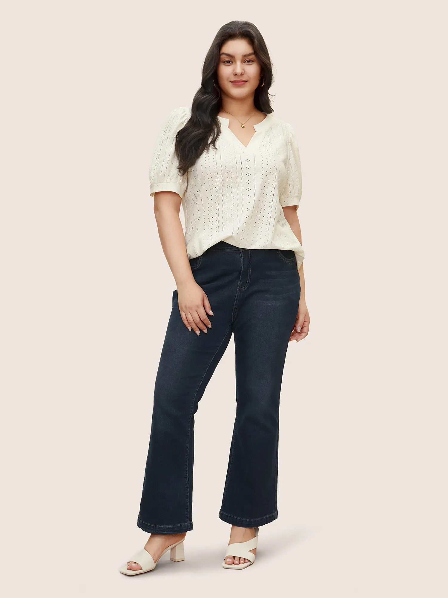 Solid Notched Broderie Anglaise Lantern Sleeve T-shirt sold by Bloomchic product image thumbnail 3