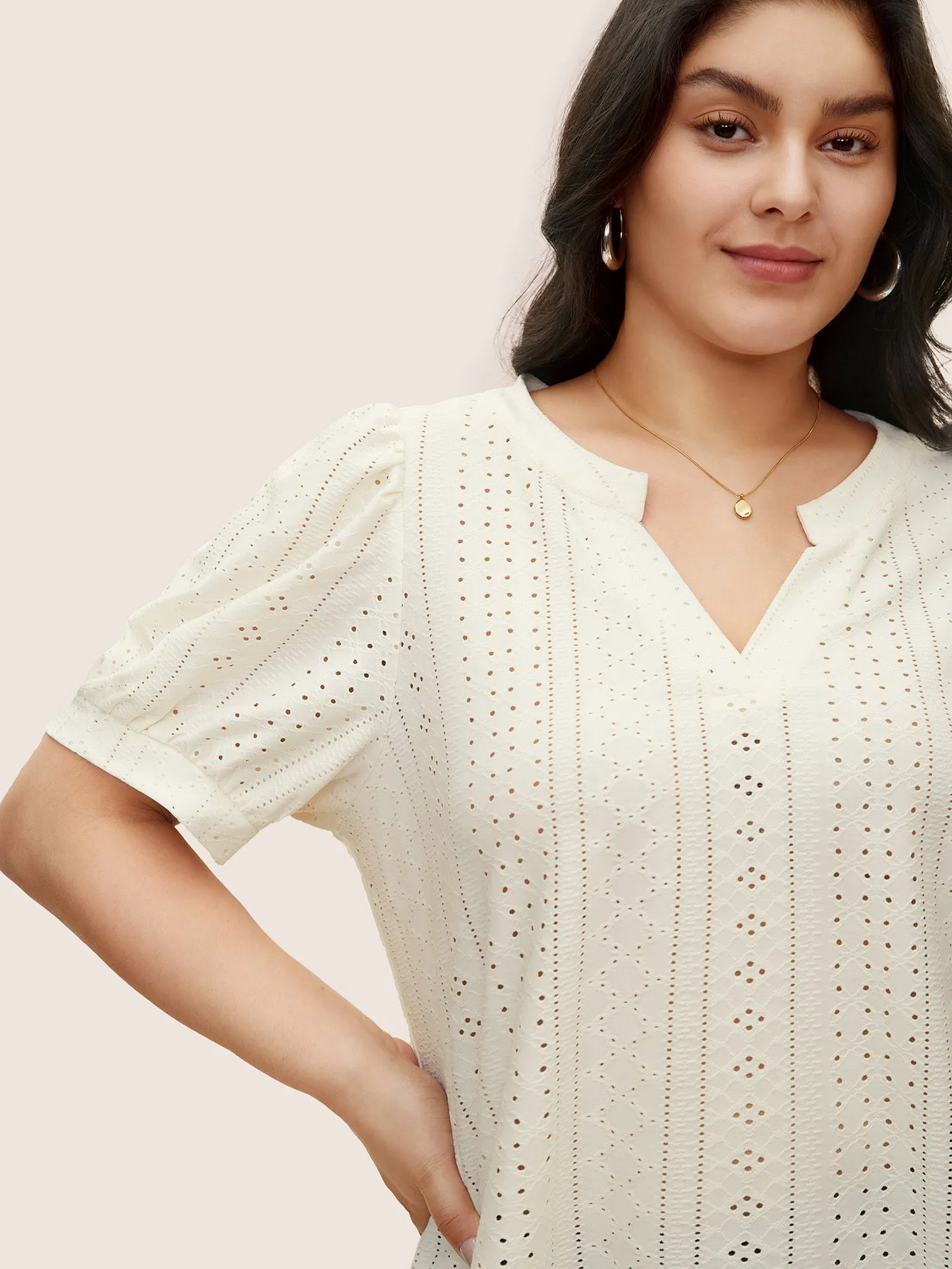 Solid Notched Broderie Anglaise Lantern Sleeve T-shirt sold by Bloomchic product image thumbnail 4