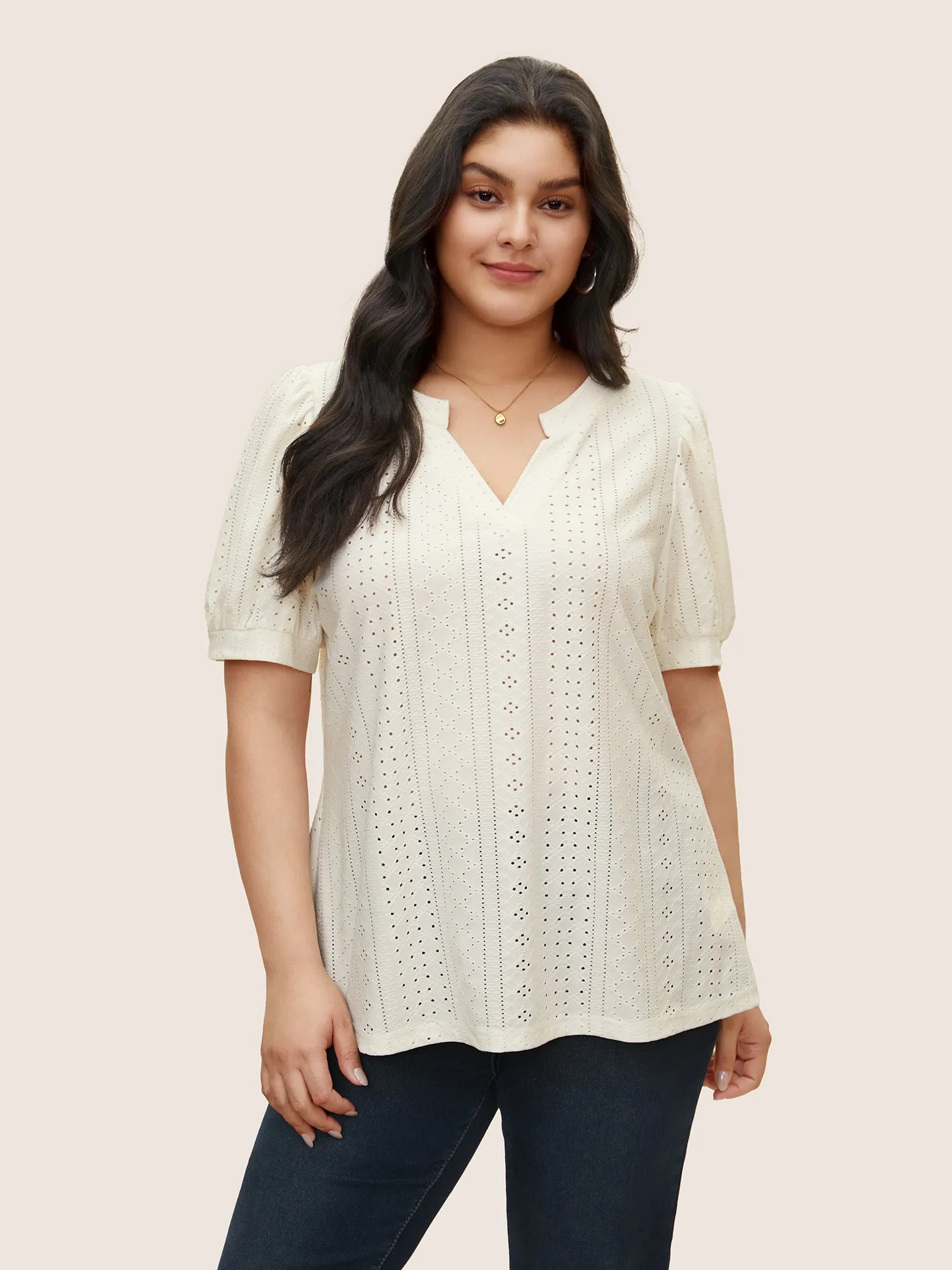 Solid Notched Broderie Anglaise Lantern Sleeve T-shirt sold by Bloomchic